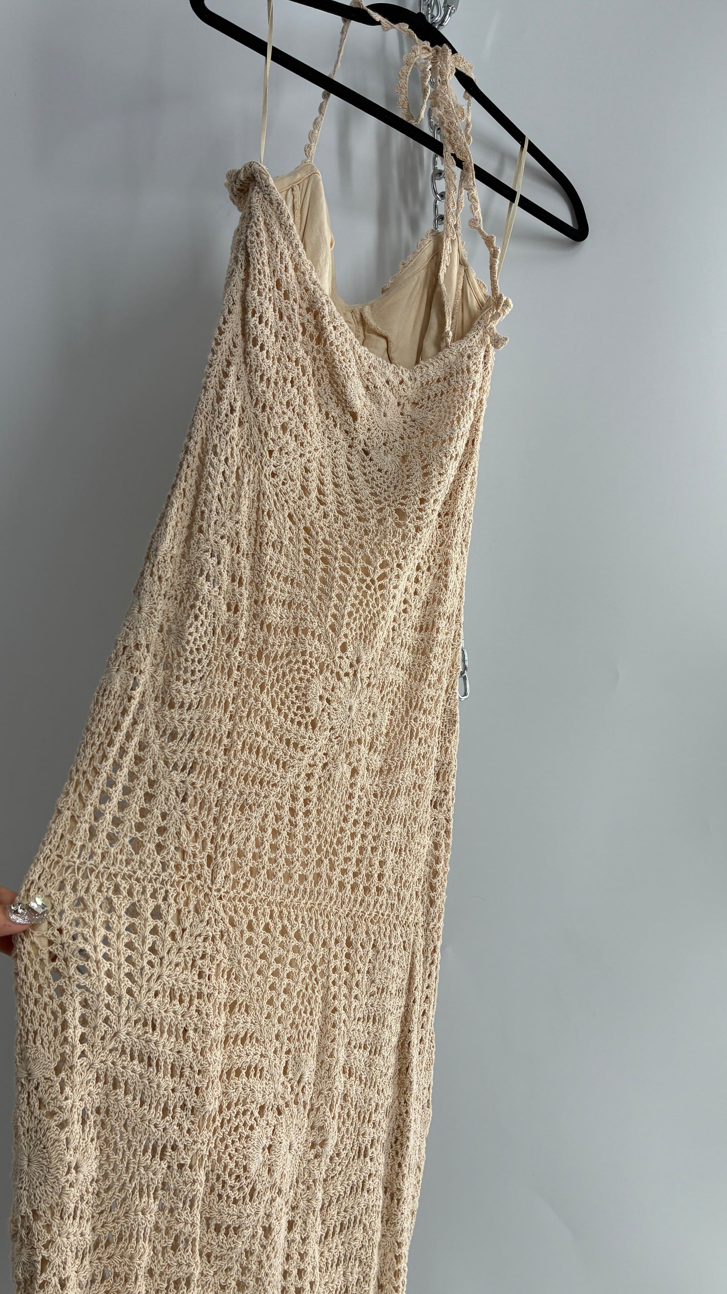 Free People Beige Crochet Knit Máxi Dress (Large)