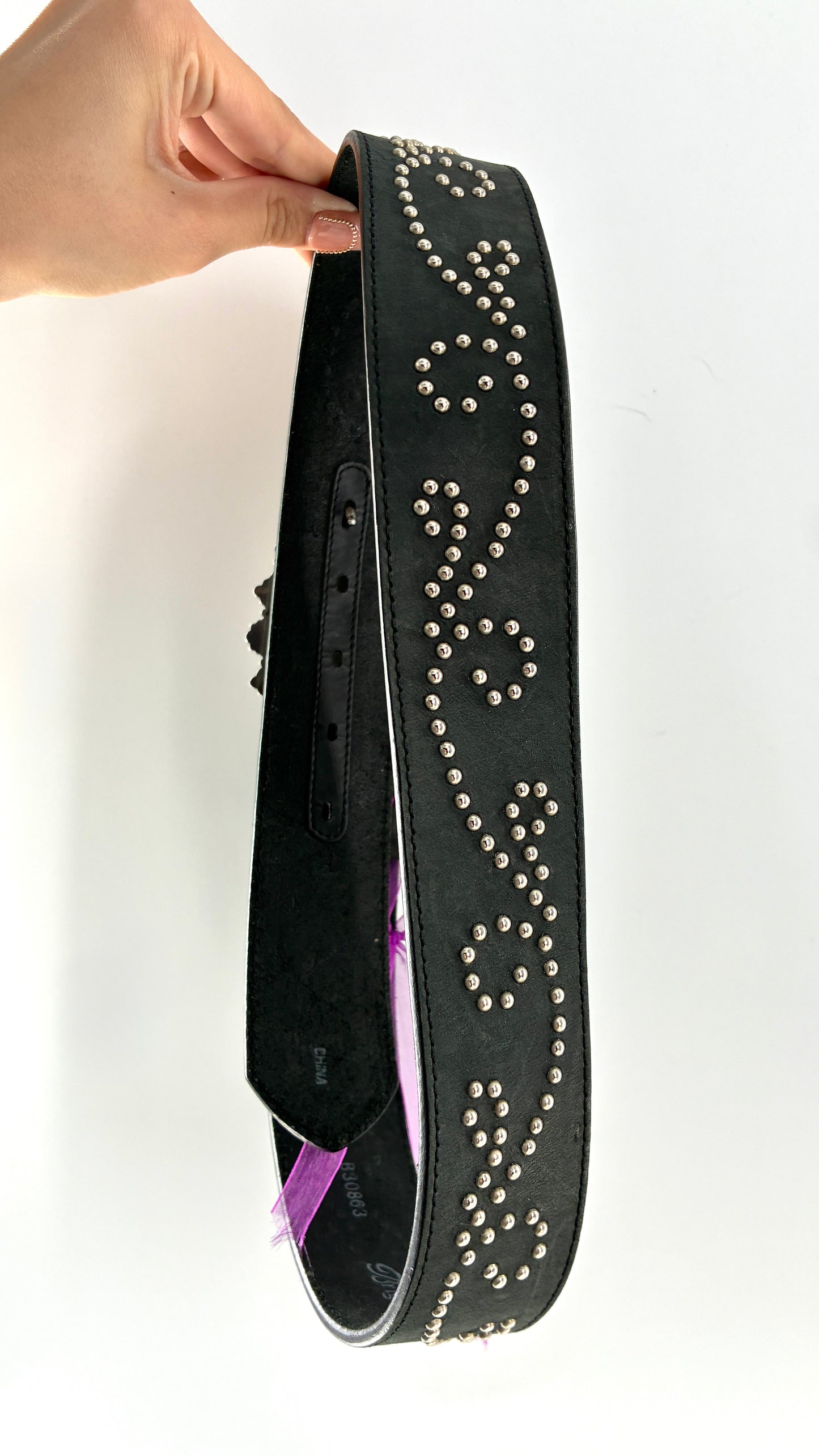 Extremely RARE Vintage BRIGHTON Genuine Leather Black Studded Belt with Crowned Heart Buckle (ML32)