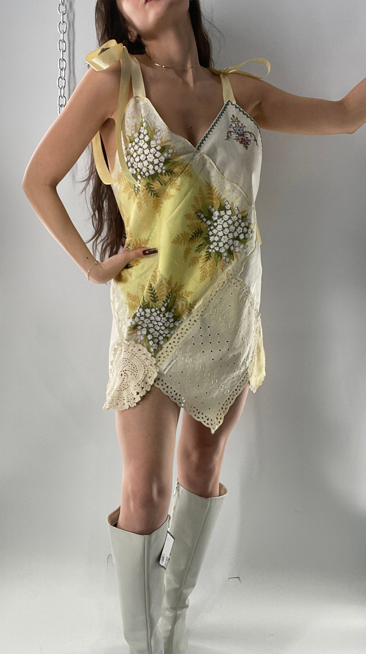Vintage Handmade Handkerchief Mini Dress with Adjustable Ribbon Straps (XS-L)