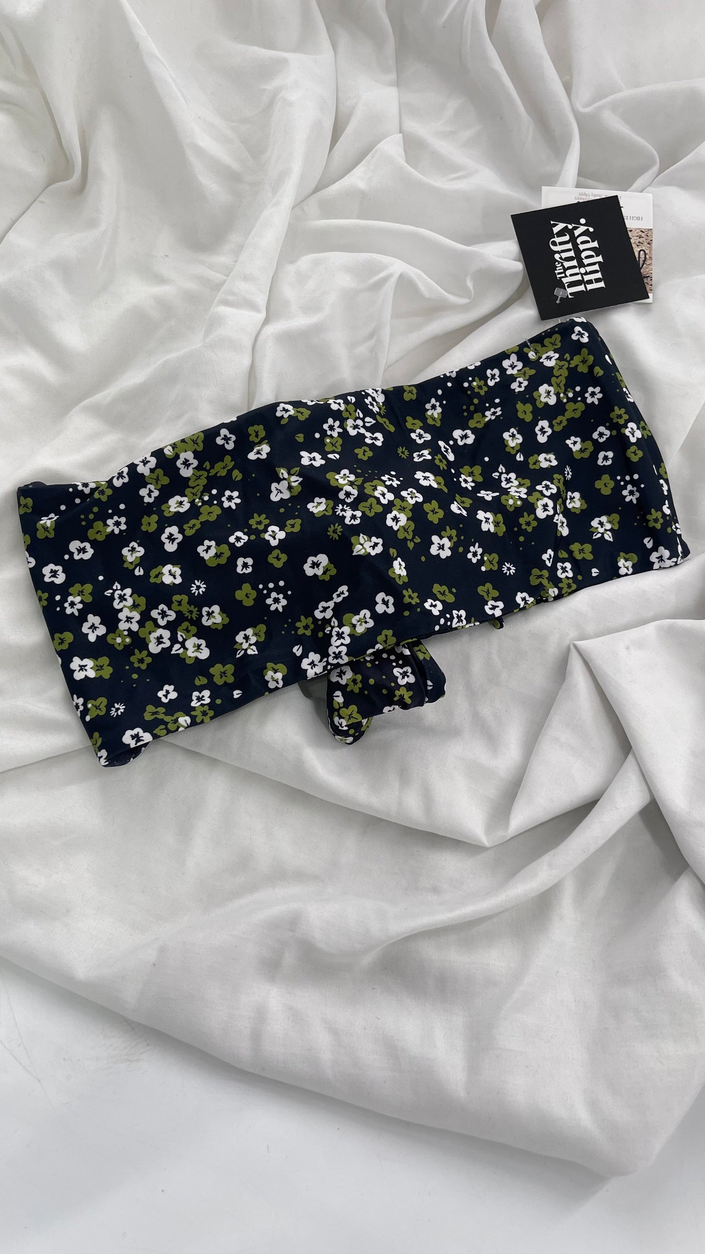 GILLIA swim Black Tie Up Bandeau with Green Poppy Florals (Medium)