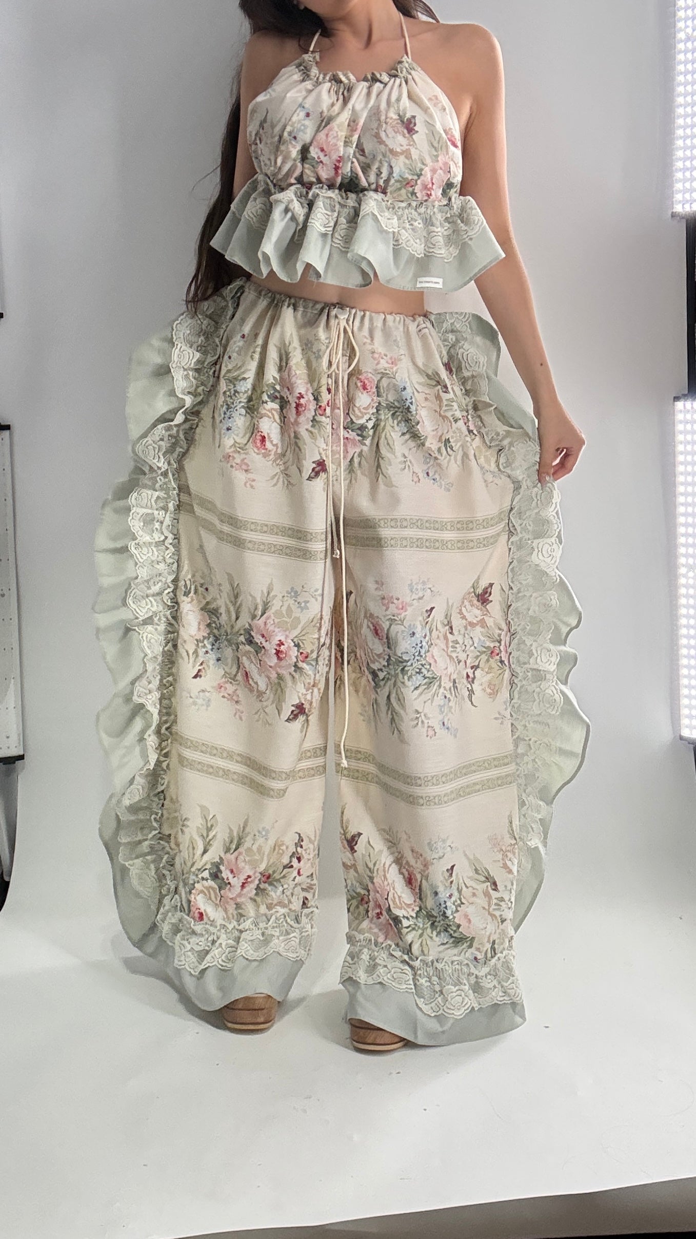 Handmade Vintage Muted Florals Two Piece Set with Adjustable Waist and Bust Lines (XS-XL)