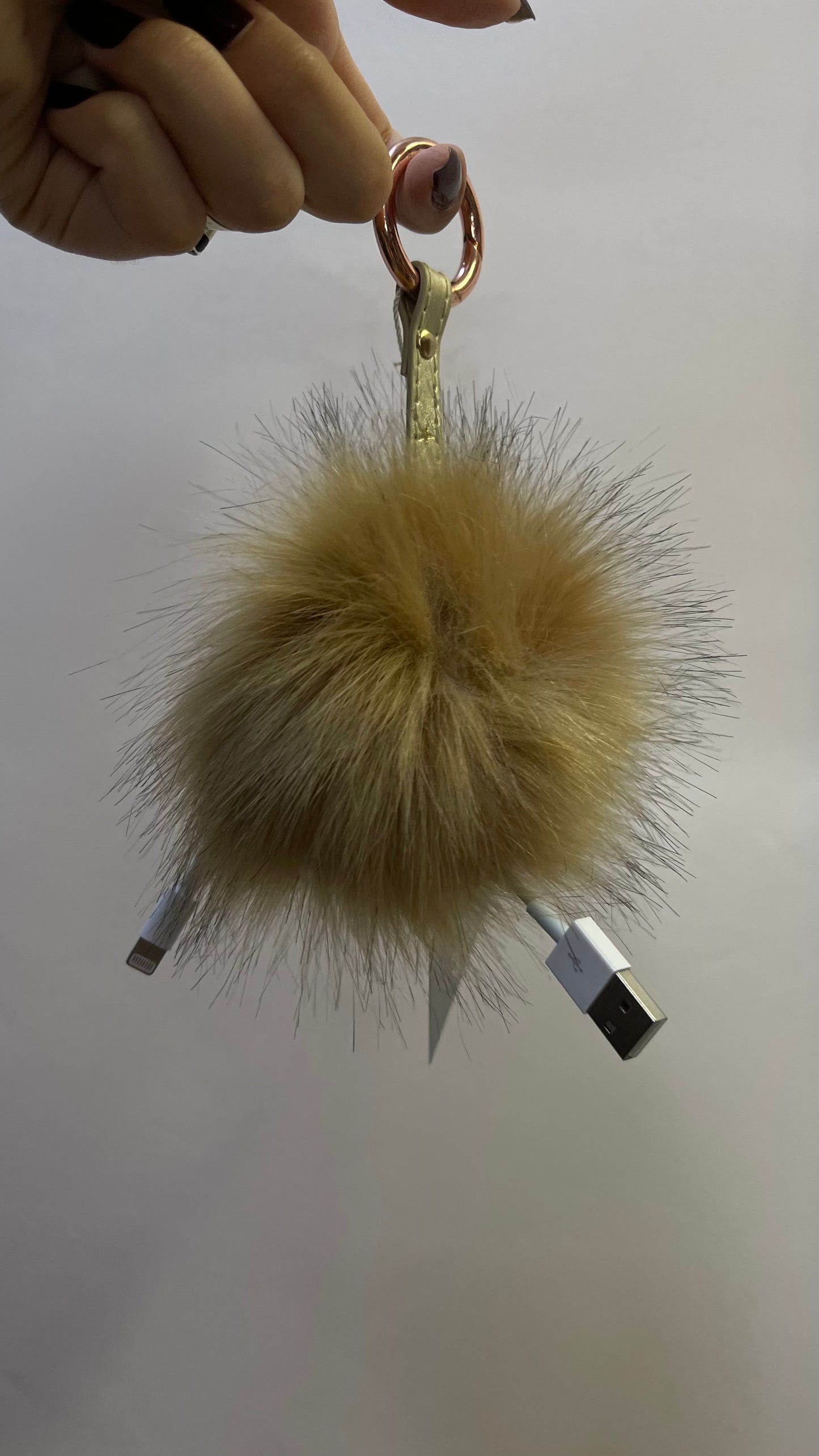 Free People Tan Fur Pom Pom Keychain with Charging Port