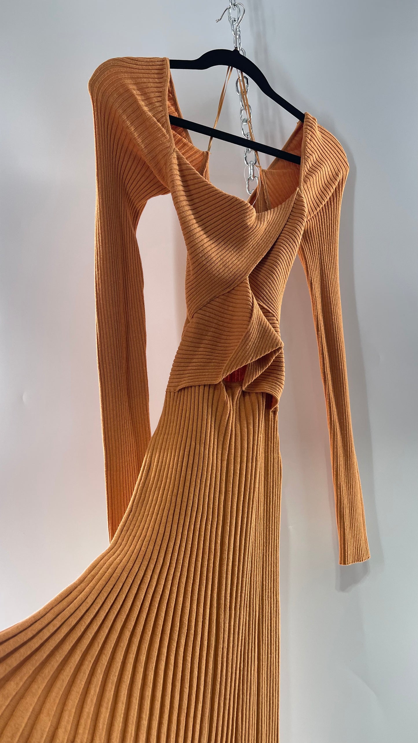 Free People Orange Ribbed Knit Maxi Dress with Cross Over Exposed Midriff Dress (Medium)