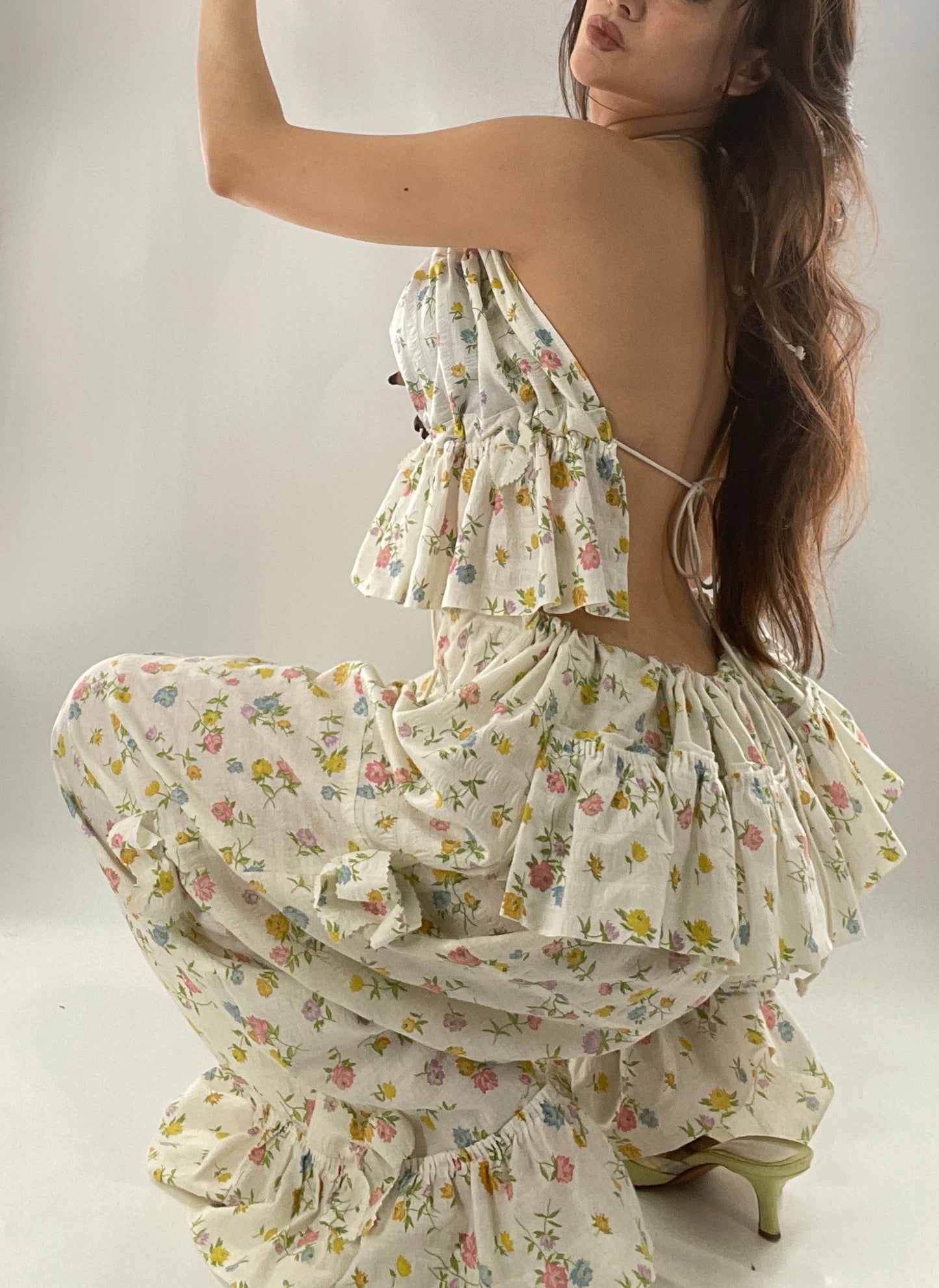Vintage 2 Piece Floral Babydoll Set with Adjustable Top and Adjustable Pants Featuring Bow Sides and Ruffles Bum (One Size)