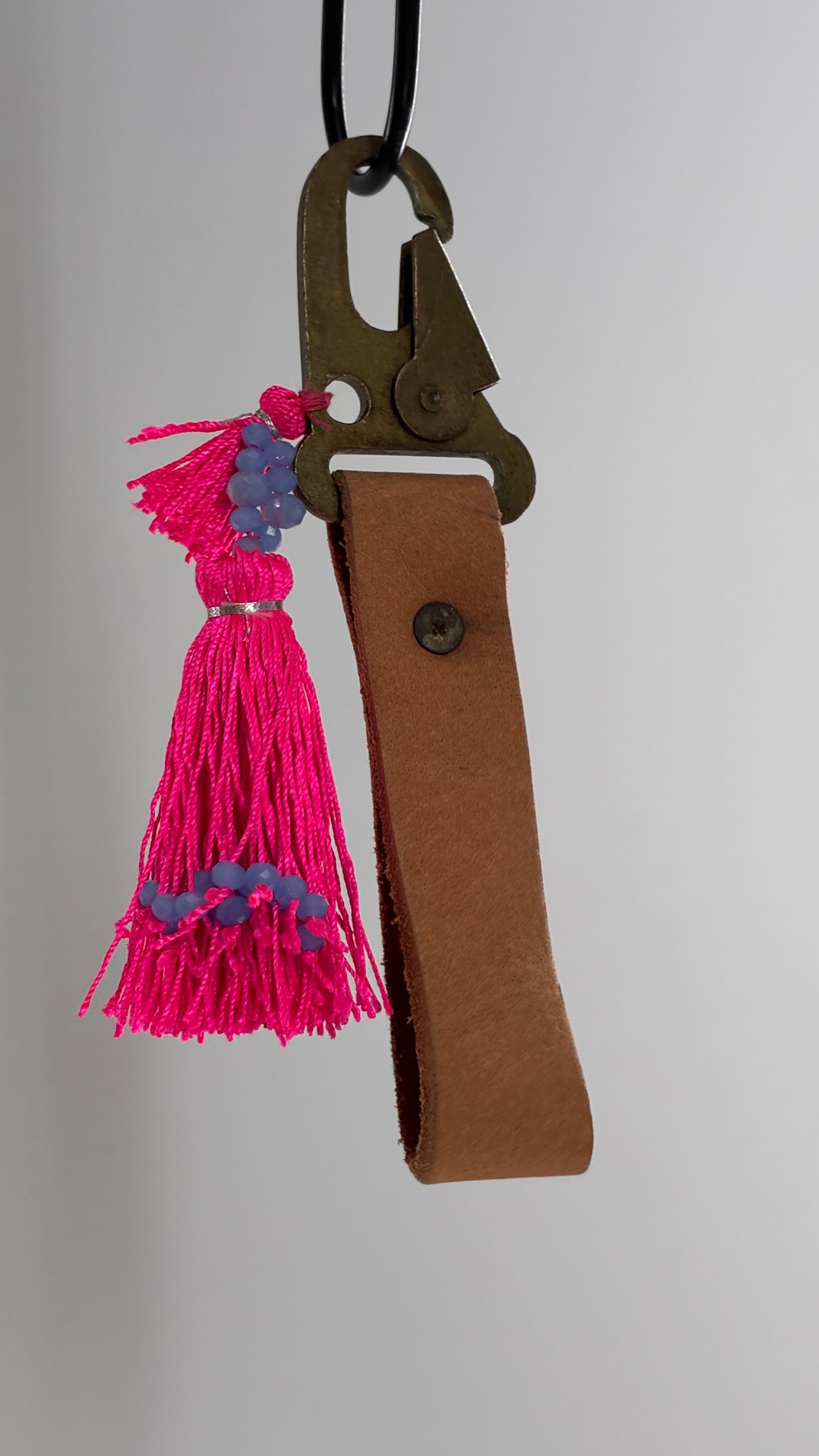Free People Leather Wristlet Keychain with Neon Pink Beaded Tassel
