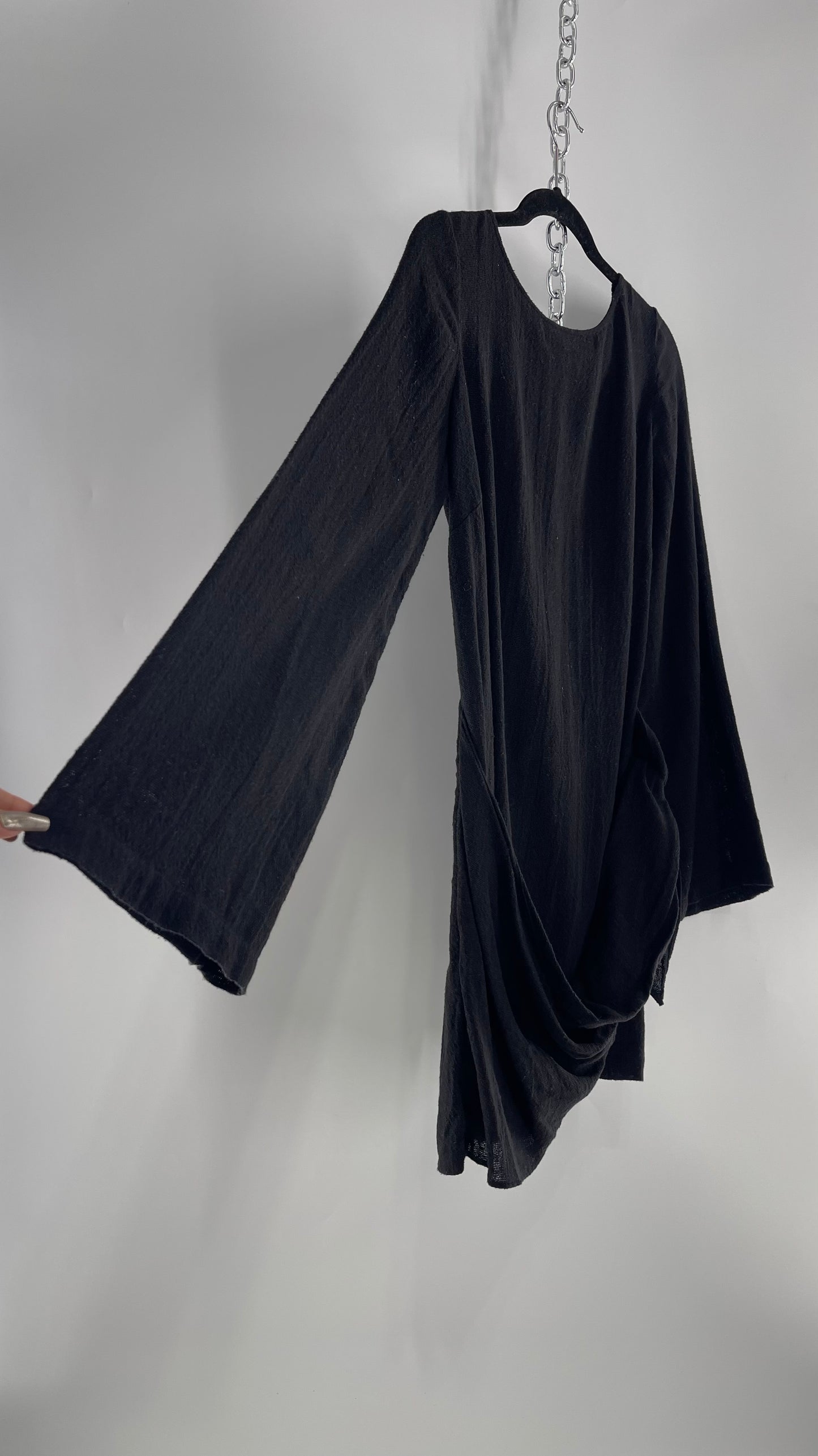 Free People Black Bell Sleeve 100% Cotton/Modal Mini Dress with Tie Front (M)