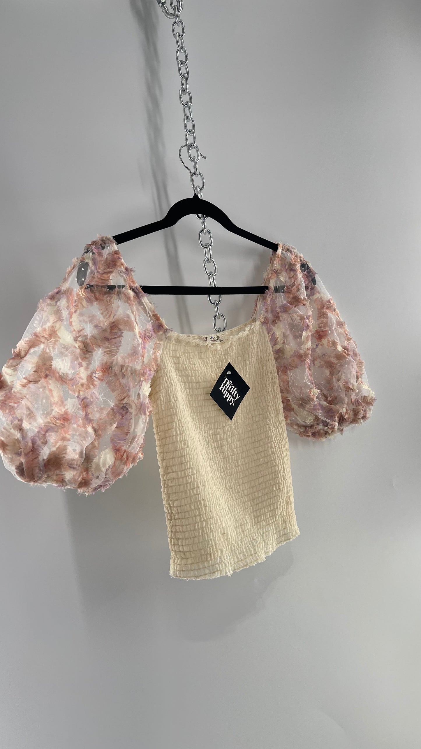 Free People Flower Girl Delicate Romantic Puff Sleeve Top with Smocked Mesh Body (Small)
