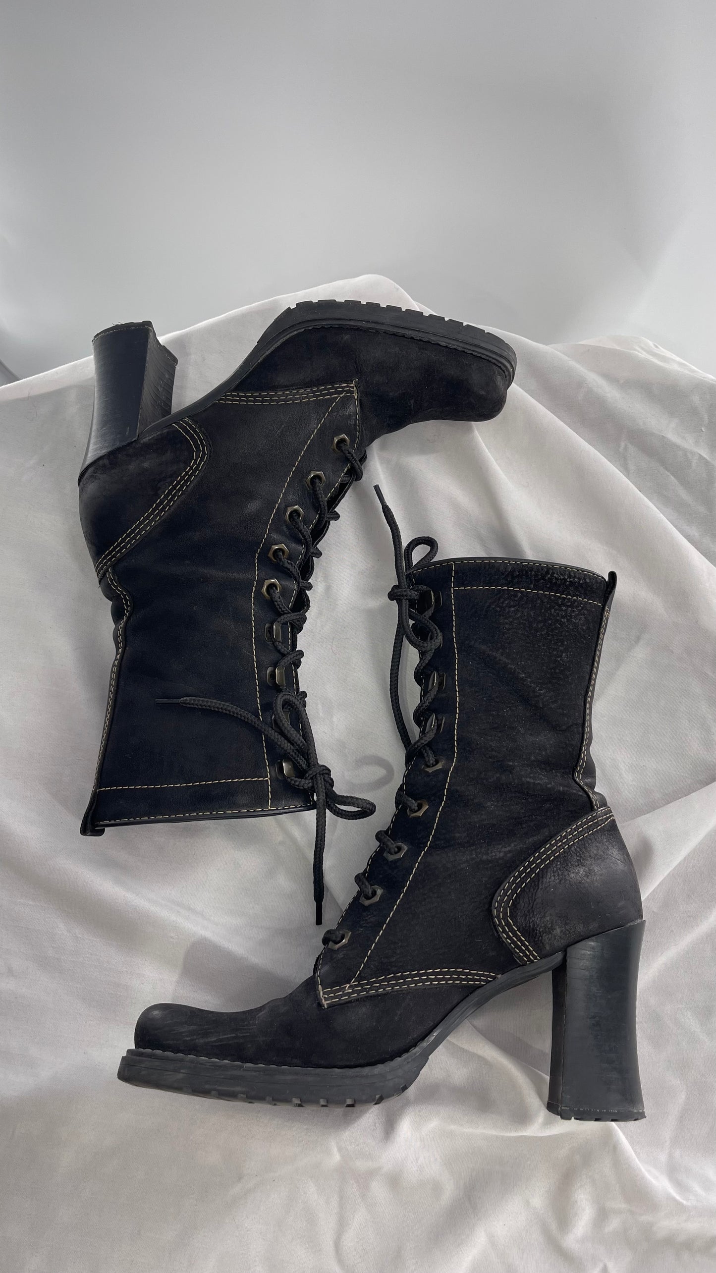 Vintage Nine West Leather Black Lace Up Combat Boots (7)