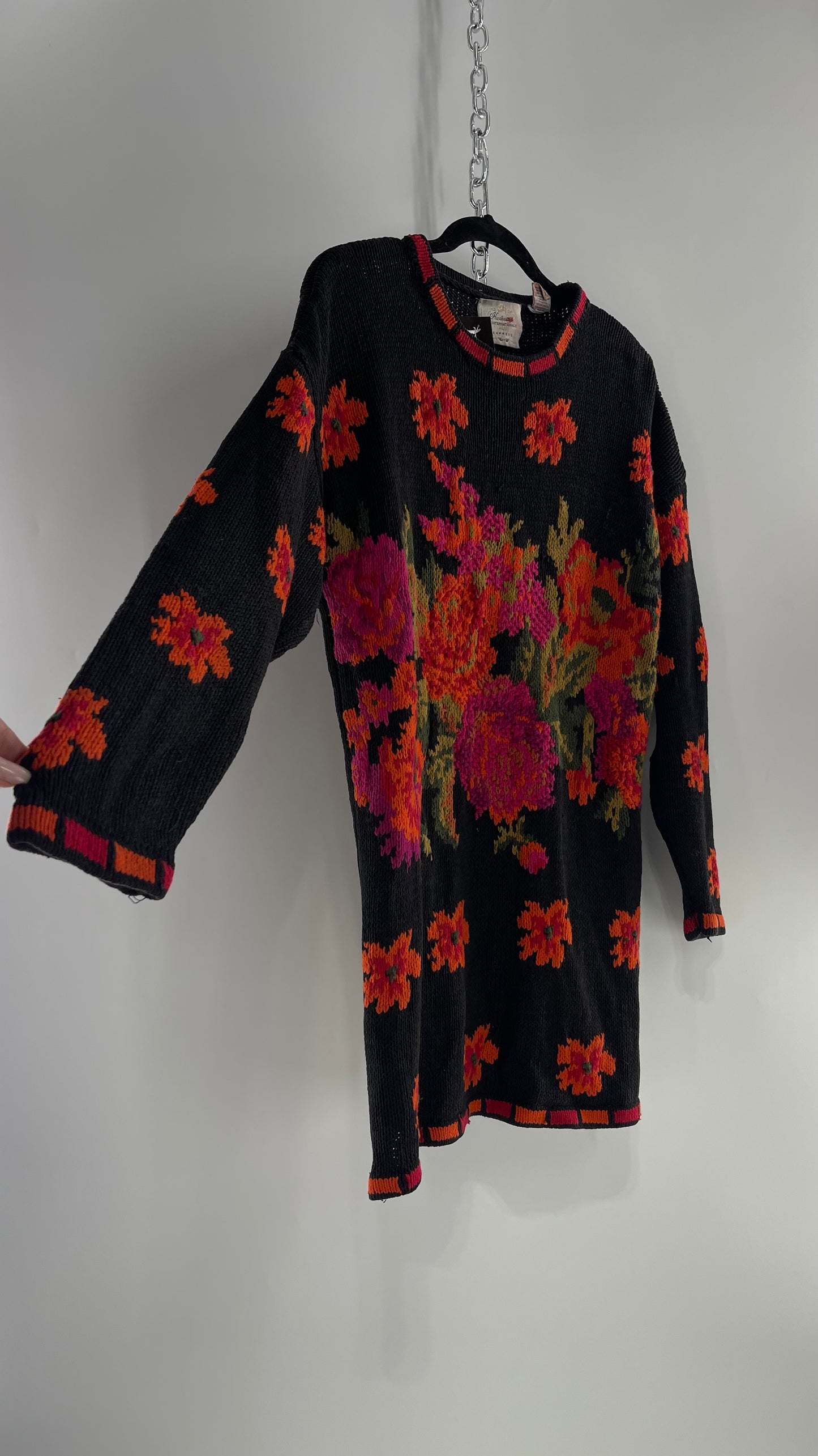 Vintage EXPRESS Black Hand Knit Sweater with Orange and Fuchsia Contrasting Florals (One Size)