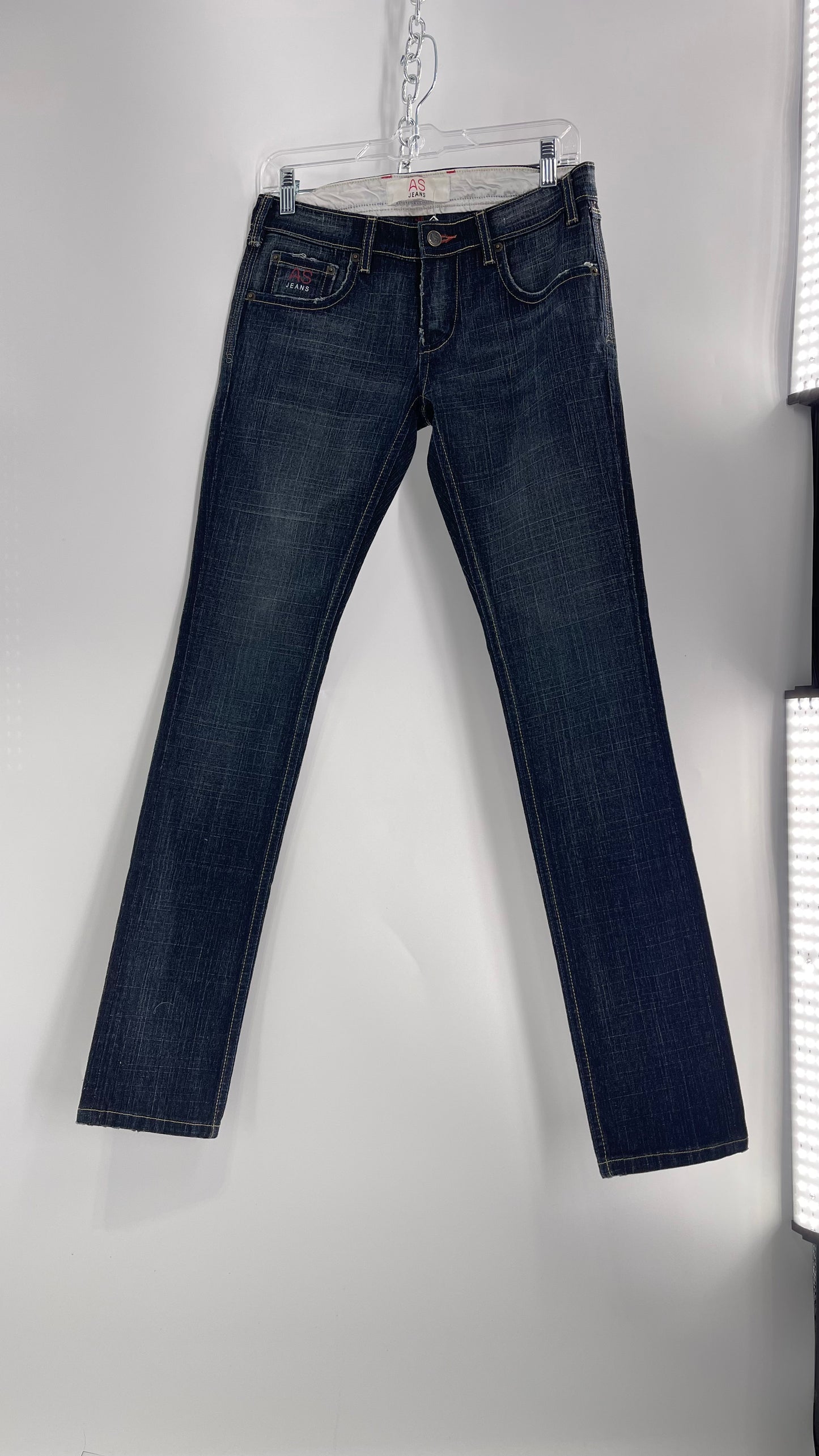 Vintage Smart AS JEANS Dark Wash with Grain and Embroidered/Embellished Kiss Rock Logo (28)