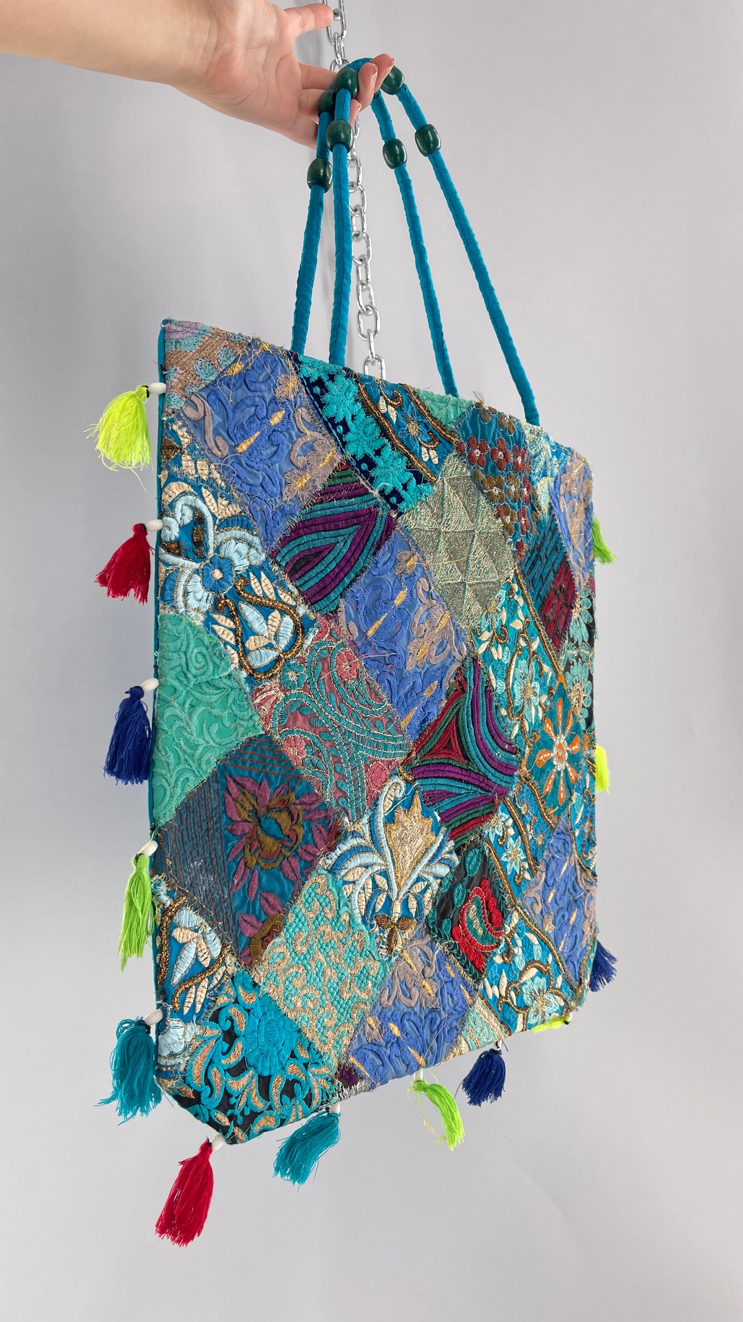 Imported Blue Patchwork Tote from Brazil with Tassel Detailing