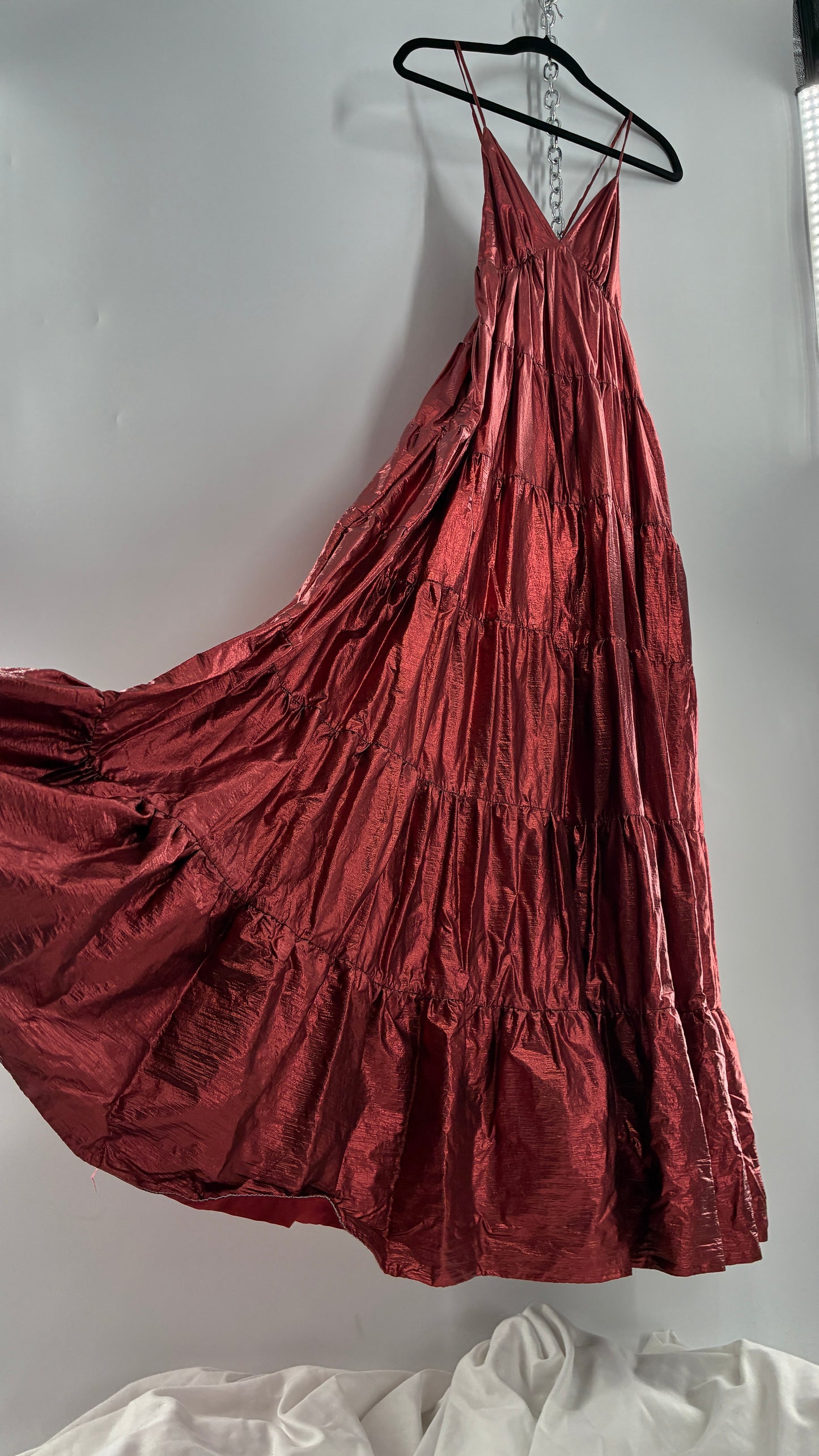 HUTCH Red Metallic Tiered Voluminous Maxi Gown (XS)