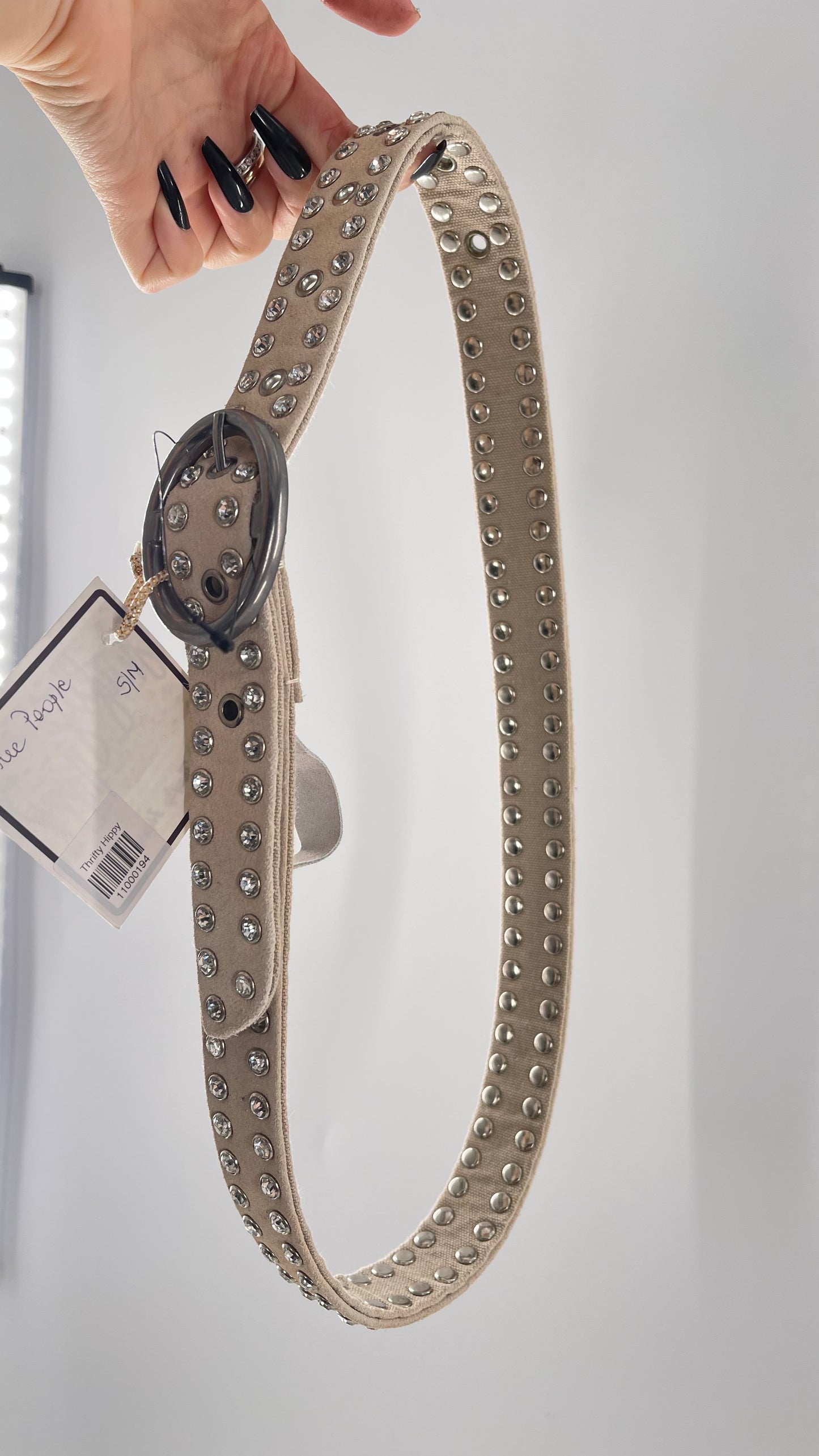 Free People Beige Leather Canvas Studded Rhinestone Crystal Studded Belt with Heavy Metal Buckle (S/M)