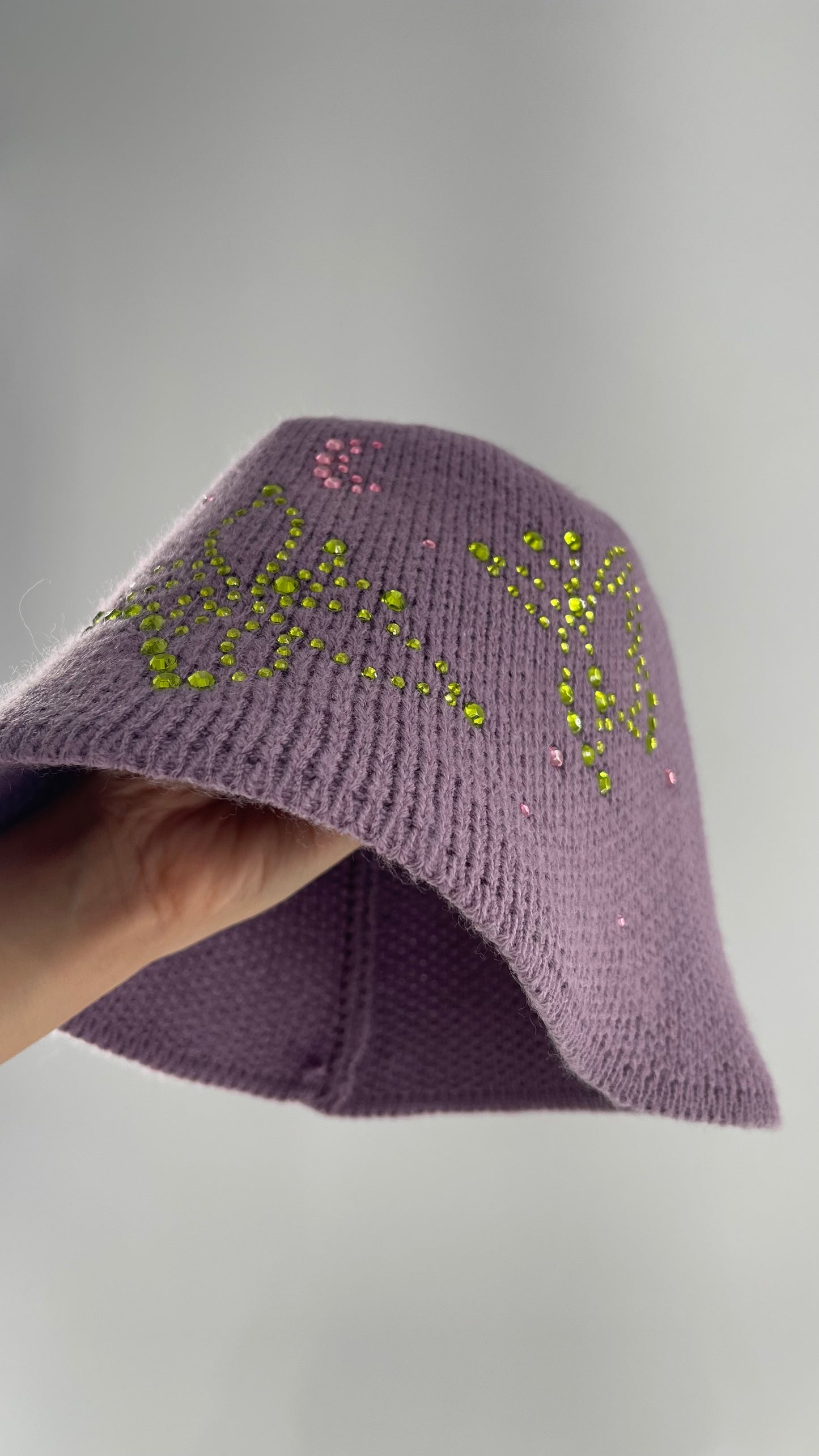 Urban Outfitters Lavender/Lilac Purple Knit Bucket Hat with Rhinestone Butterfly Details