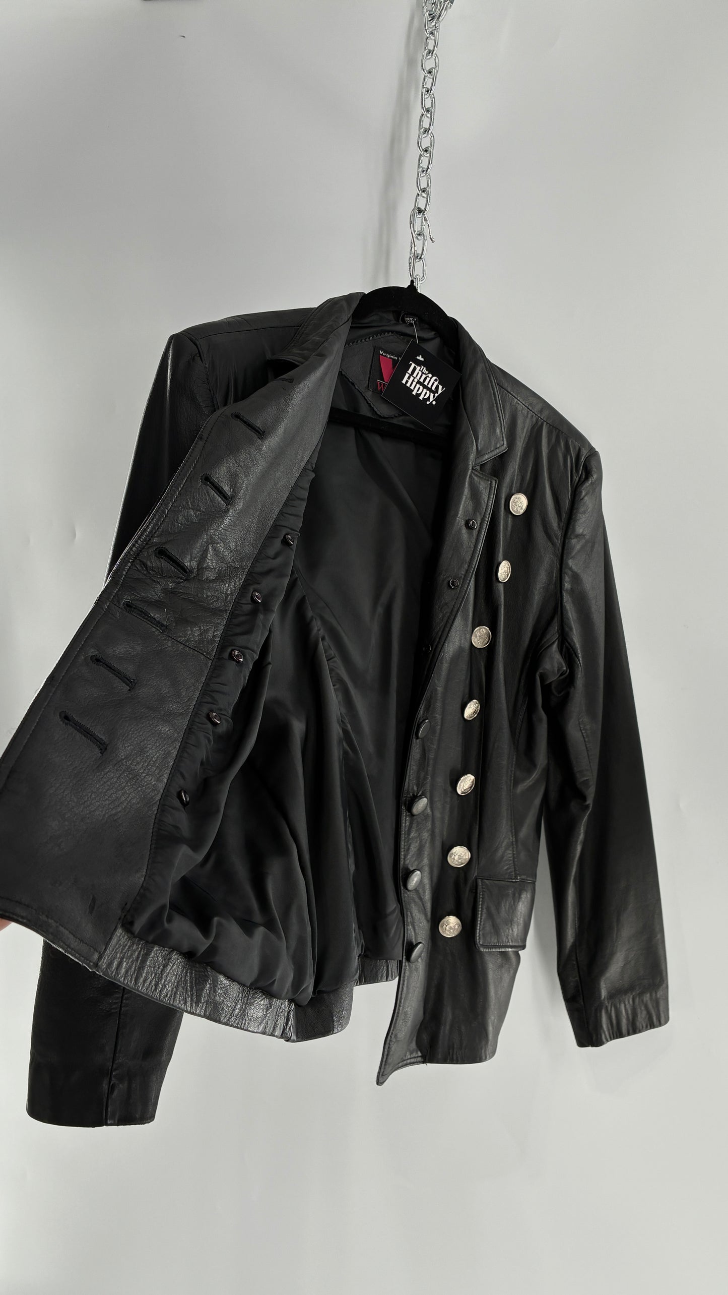 Vintage Virginia Slims Black Genuine Leather Military Jacket with Double Breasted Embossed Buttons (Large)