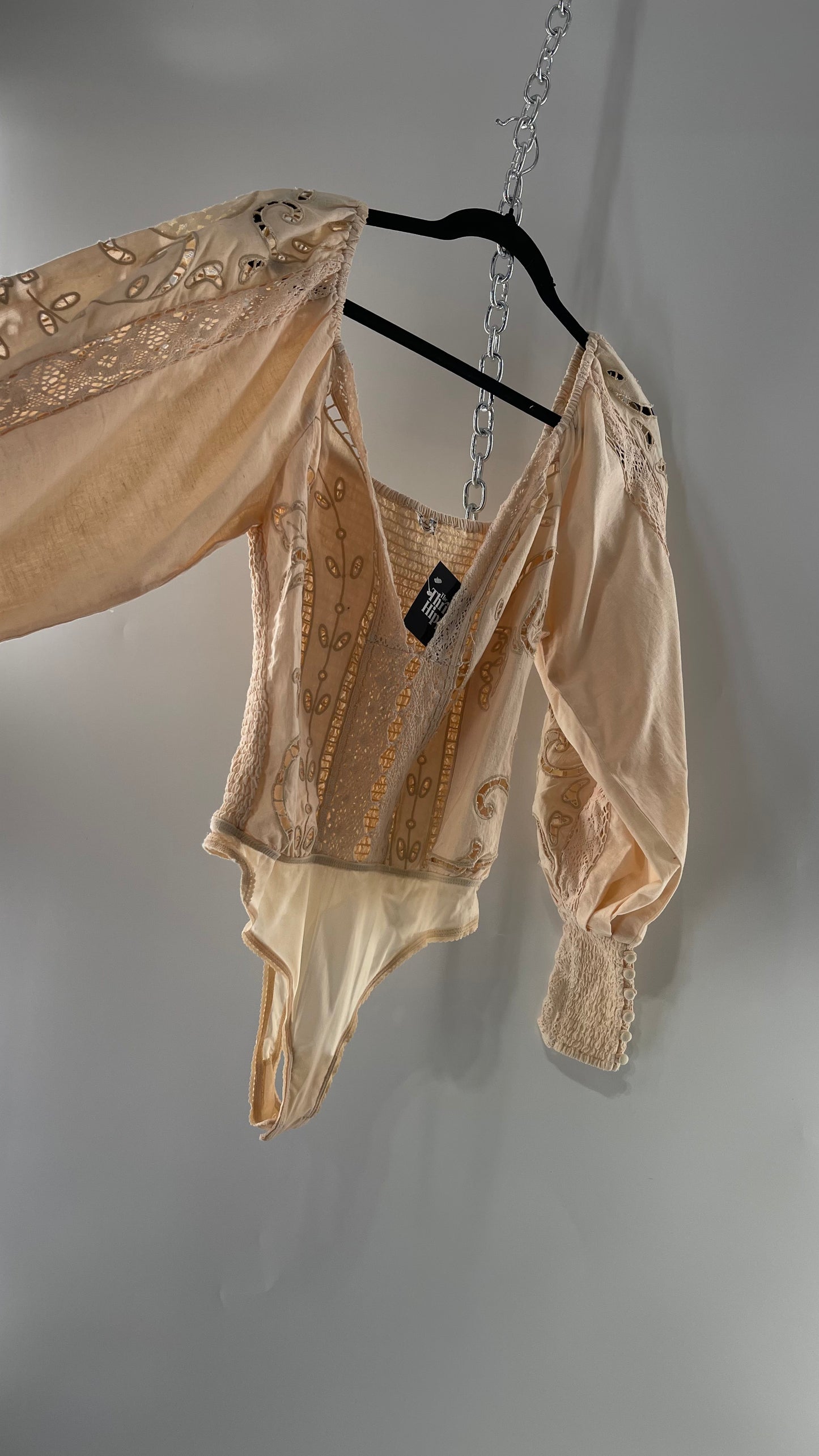 Free People Off White Cotton Bodysuit with Embroidered Lace Balloon Bishop Sleeve and Smocked, Buttoned Cuffs (Large)