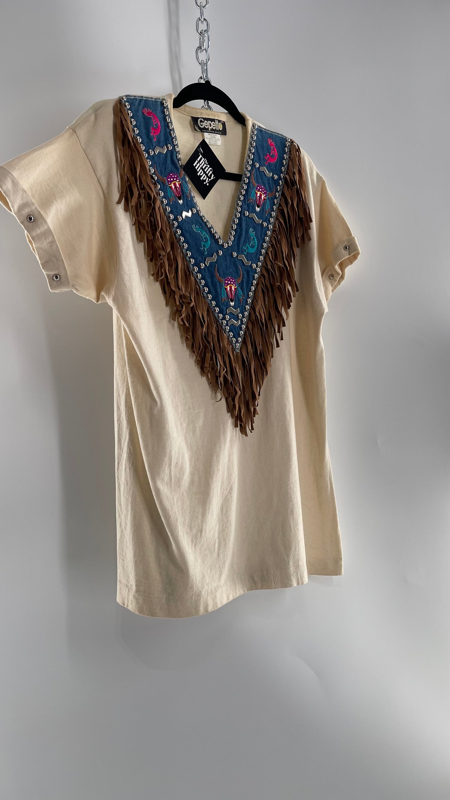 Vintage 1980s GEPETTO Off White Rodeo Western T Shirt with Denim Lined V Neck, Faux Leather Fringe Detail, Embroidery, and Heavy Duty Studs