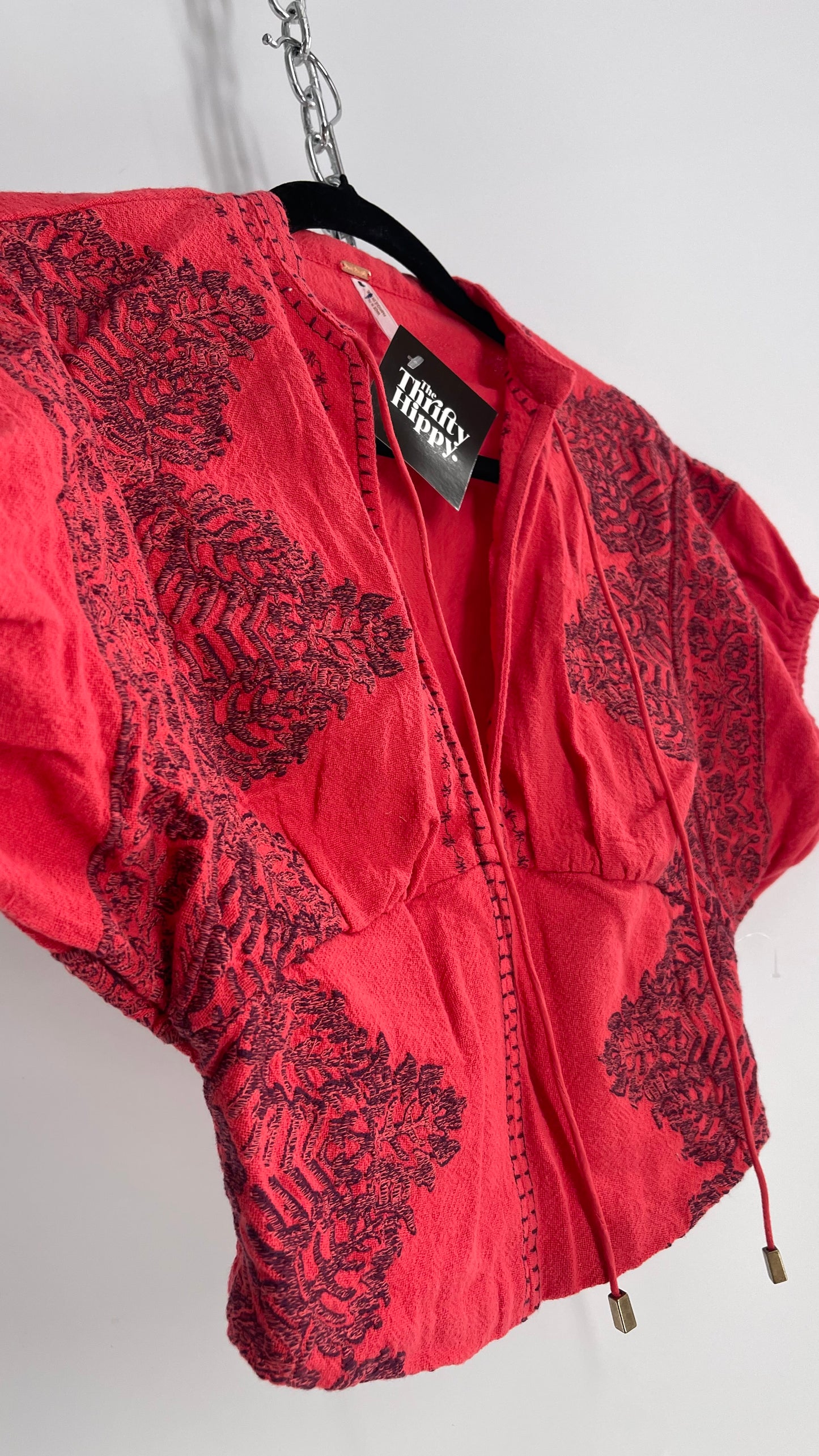 Free People Coral Red Puff Sleeve Top with Heavy Embroidery (XS)