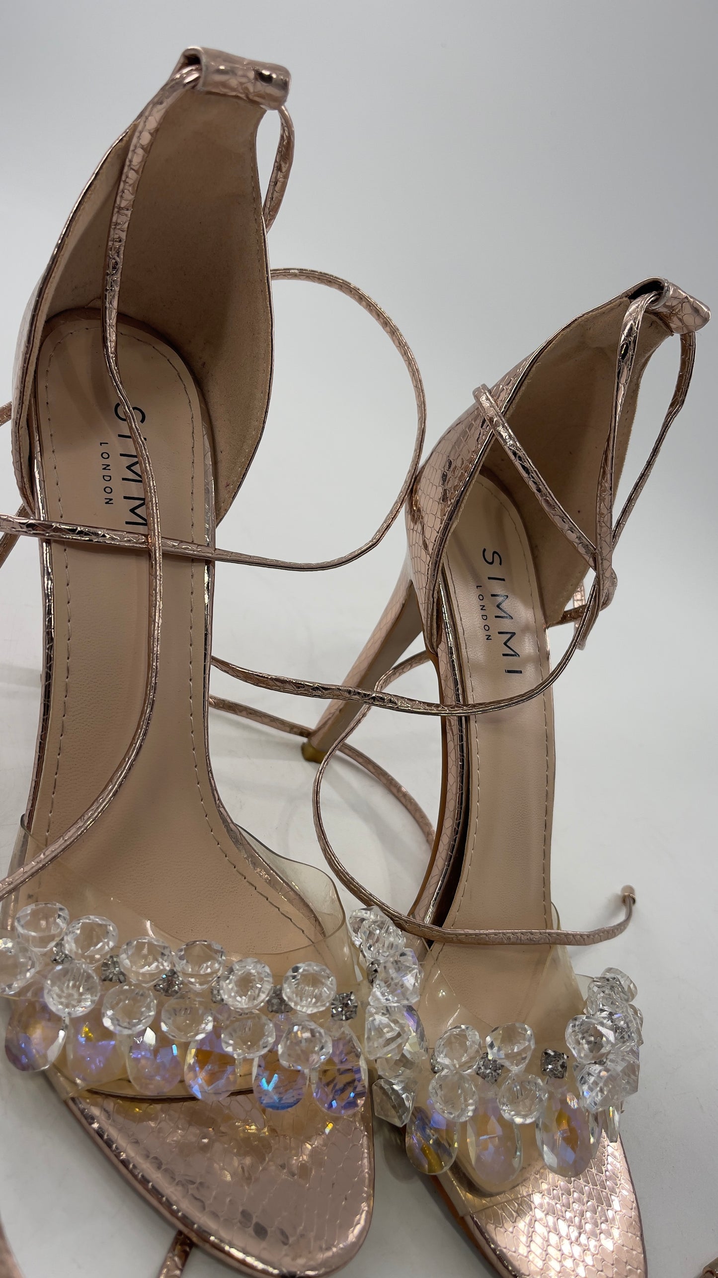 SIMMI LONDON Rose Gold Textured Heels with Clear Toe Strap Covered in Rhinestones/ Crystal Pendants and Tie Up Ankle Straps (7)