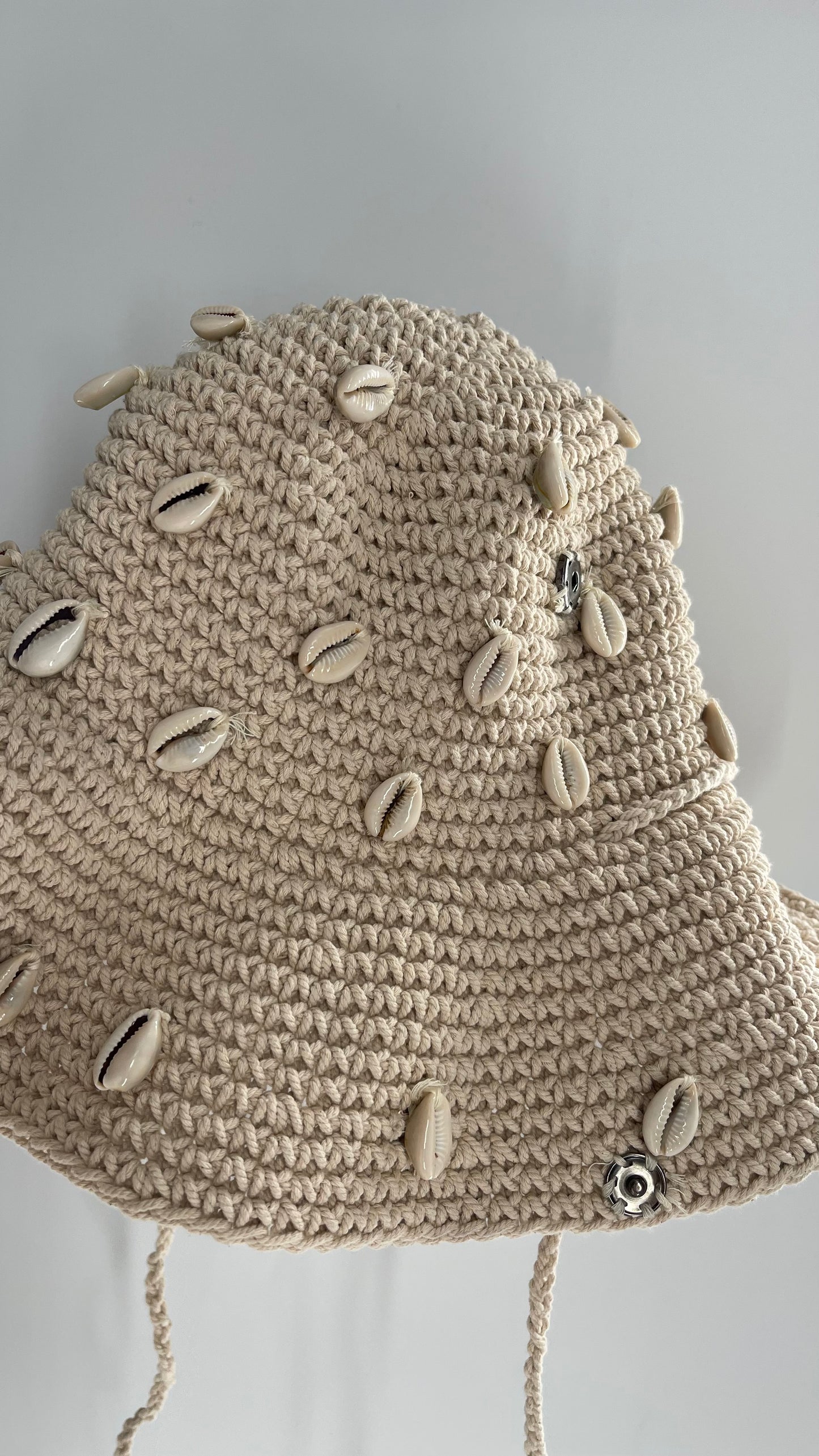 Heavy Knit Crochet Off White Sun Hat with Sewn On Shells and Button Sides