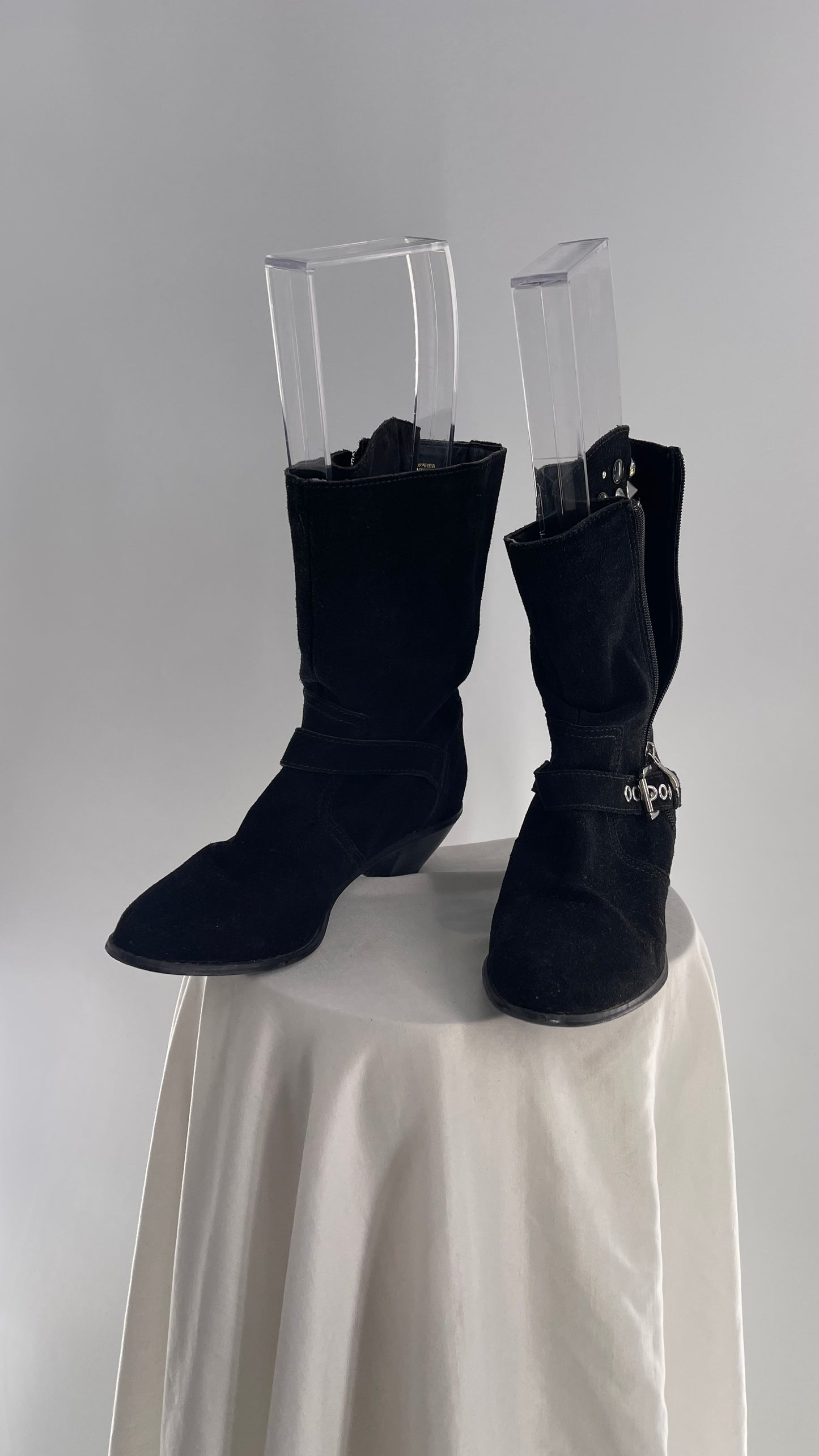Vintage Black Suede Cowboy Boots with Buckle and Zip Up, Rhinestone Studded Details (8.5)