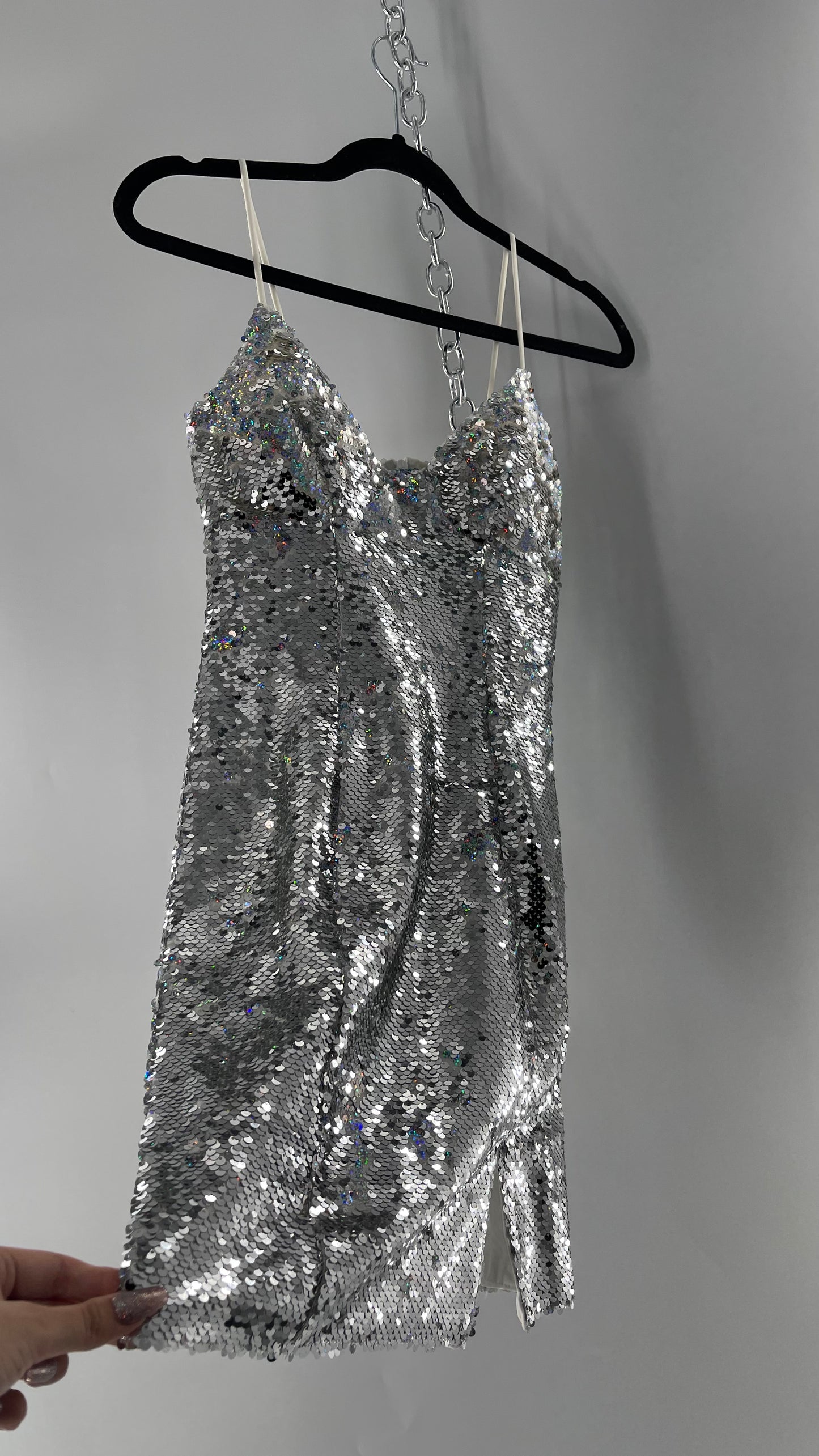 Princess Polly Silver Iridescent Sequin Mini Dress with Triangle Cups and Thigh Slit (0)