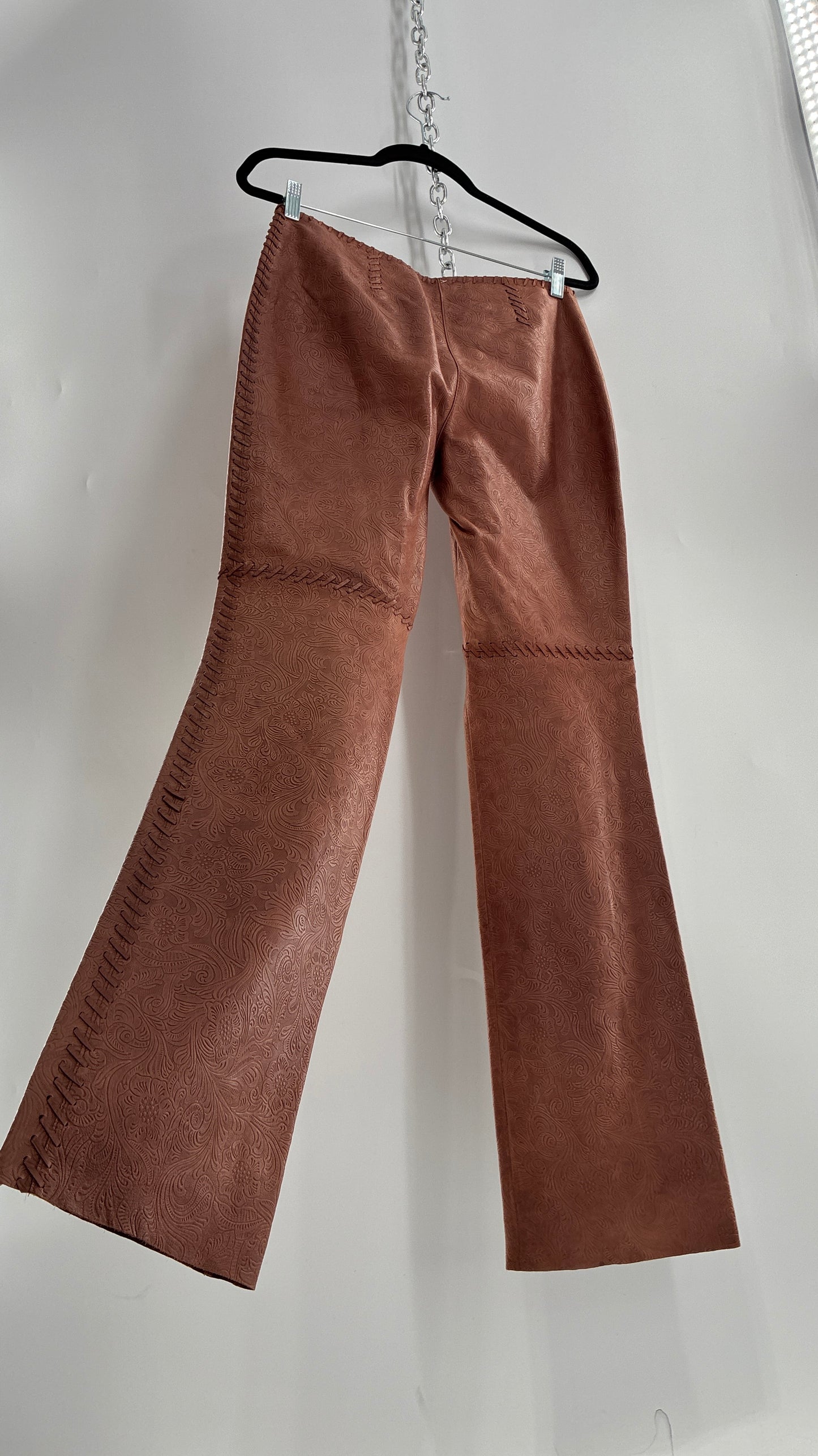 Vintage Embossed Paisley Patterned Genuine Leather Pants with Stitching Details (No Label Unbranded, S)