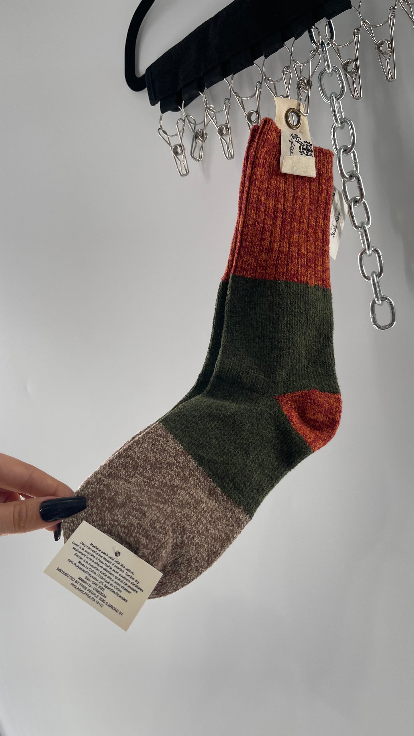 Free People Soft Orange, Army Green and Brown Color Blocked Sock