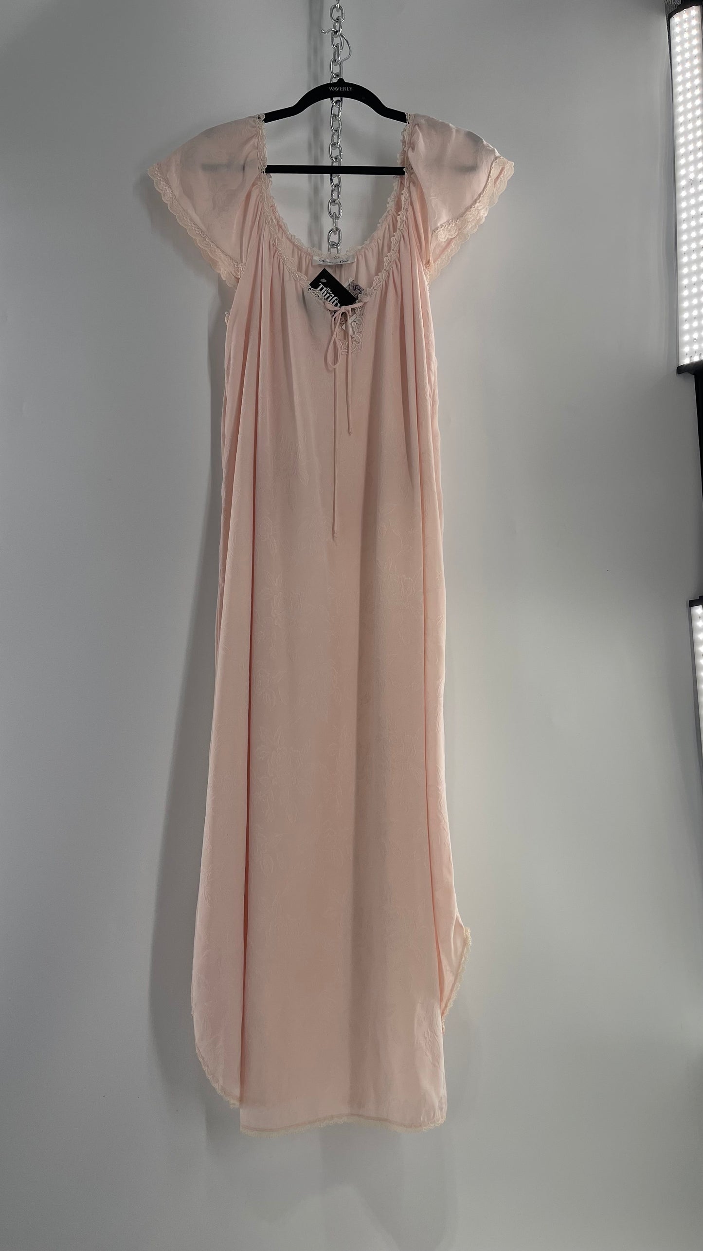 Vintage Christian Dior Pink Night Gown/ Maxi Dress with Floral Embossed Design, Lace Trim and Rosettes (Large)