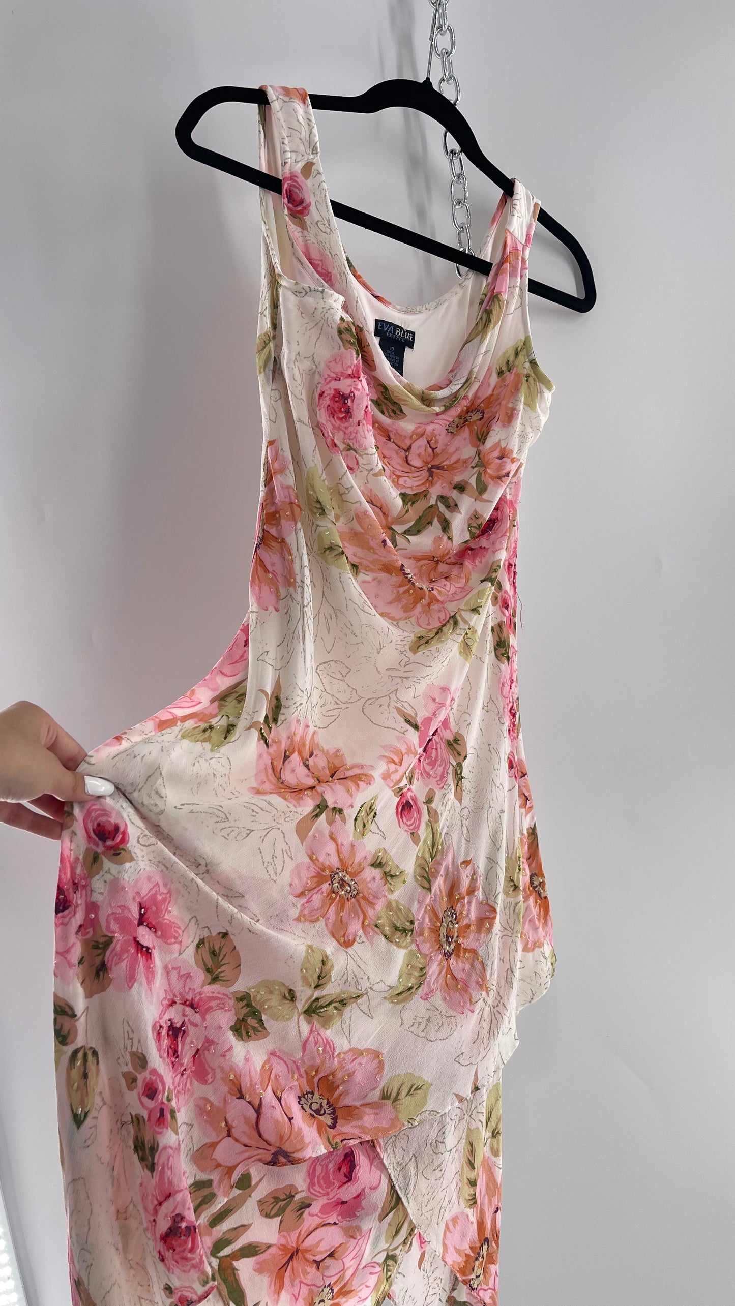 Vintage Eva Blue Pink Floral Draped Neck Sleeveless MIDI with Beading (10)