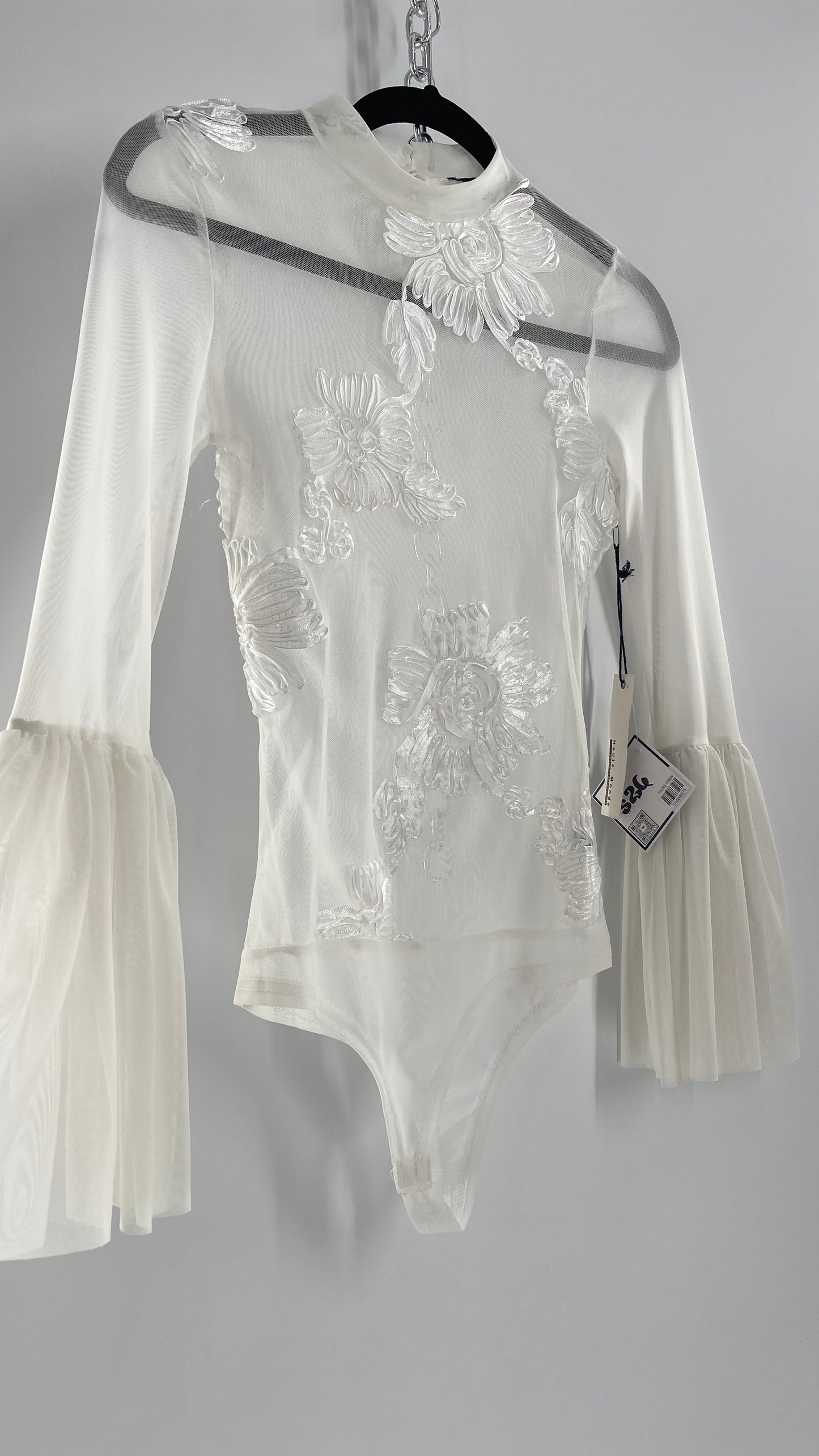 Haute Monde White Mesh Bodysuit with Ribbon Embroidery, Bell Sleeves and Tags (Small)