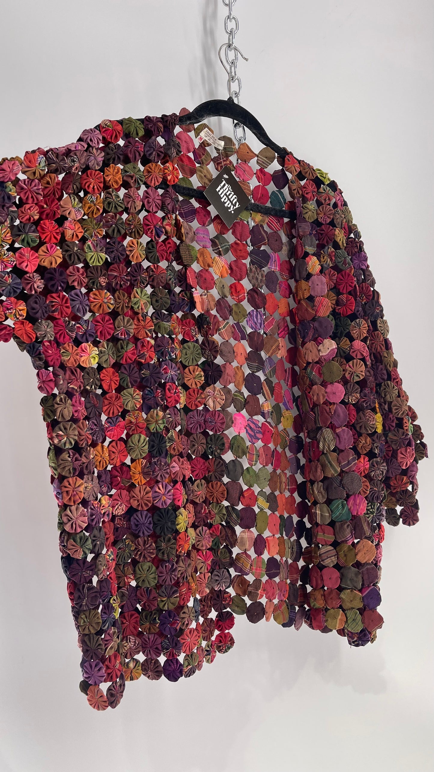 Vintage Handcrafted Multicolored Print Yo-Yo Quilt Kimono Sleeve Jacket, 1970s Thai 100% Silk
