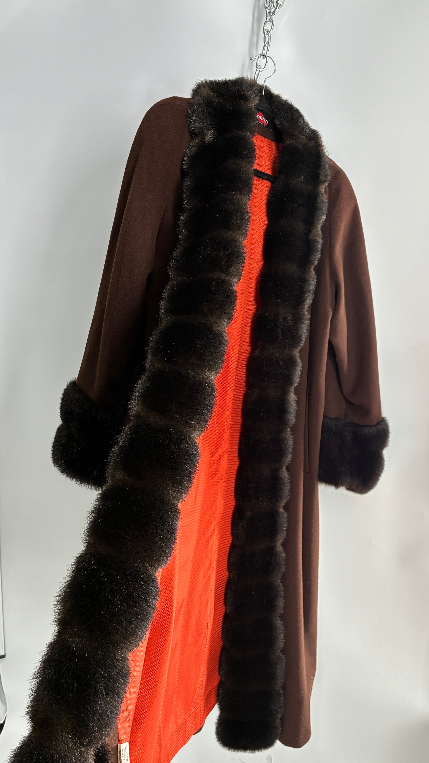 Vintage ALORNA Brown 75% Wool Duster, Full Length Coat with Vegan Fur Pom Pom Trim (12)
