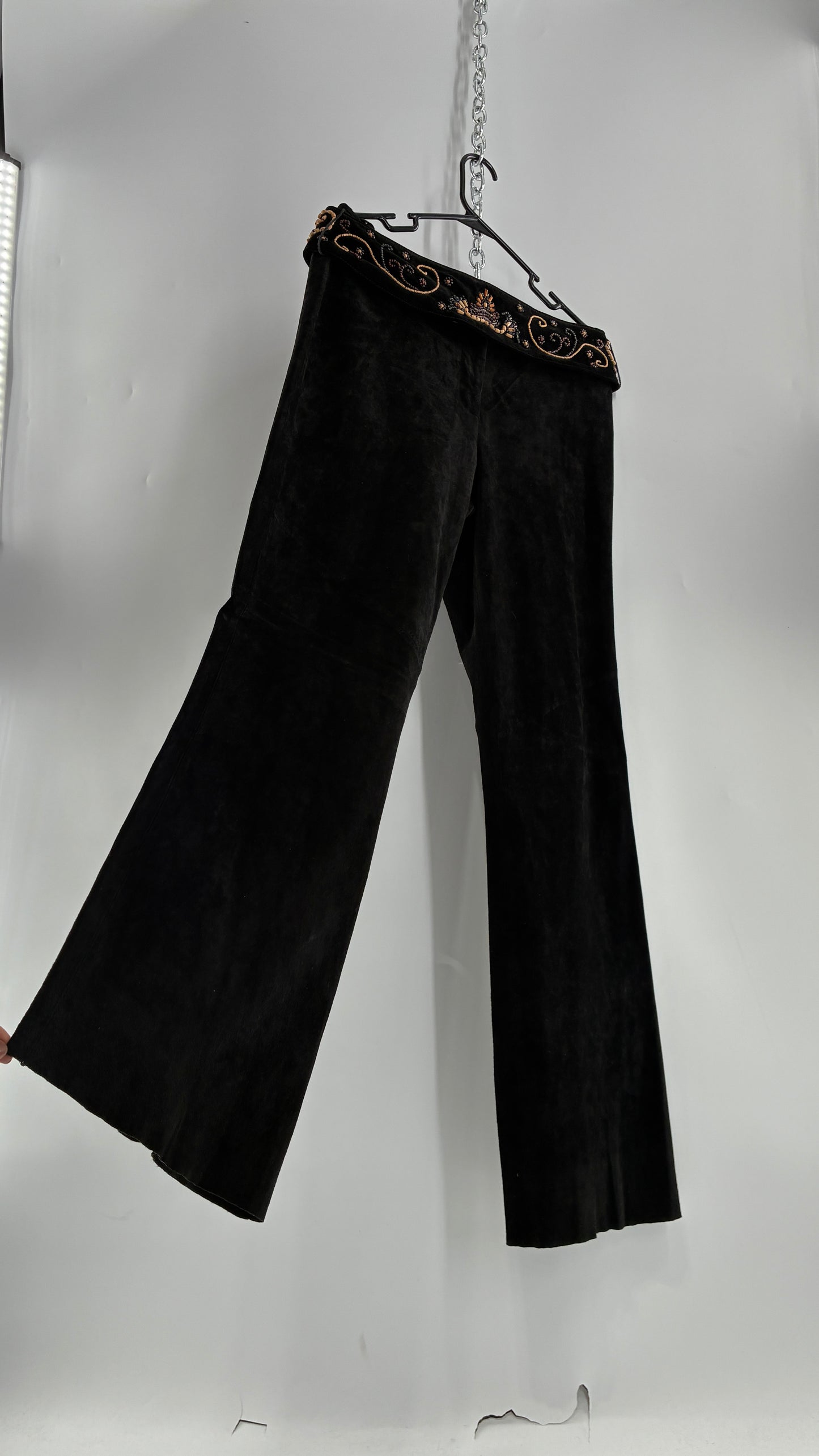 Vintage Margaret Godfrey Black Genuine Suede Leather Kick Flares with Wide Beaded Belt (10)