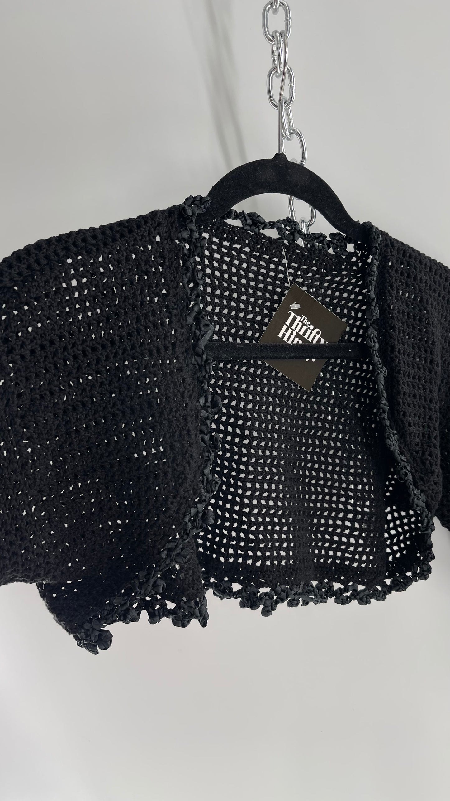 Vintage Black Hand Knit Crochet Shrug with Ribbon Detailing (Medium)