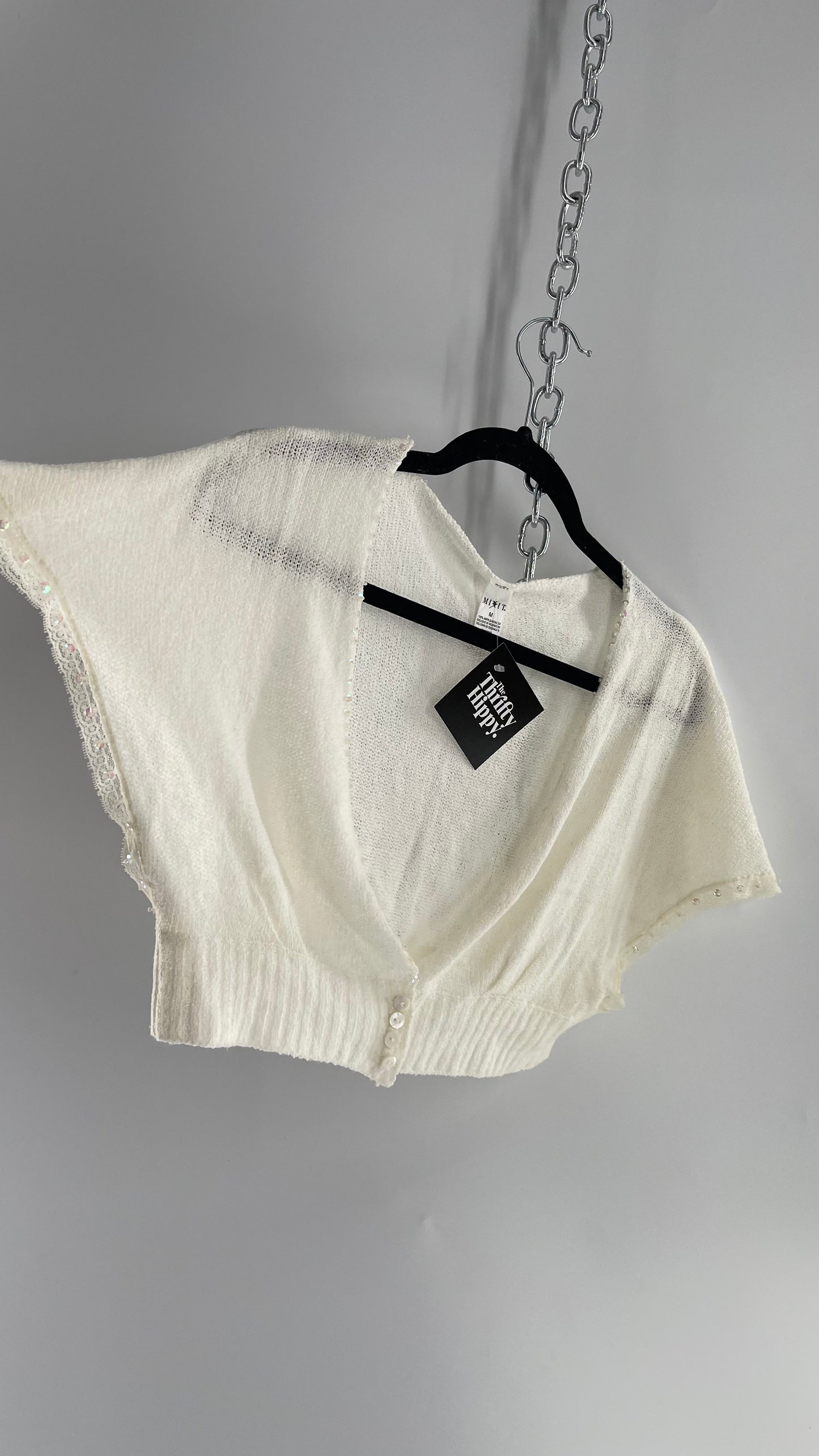 MIXIT VINTAGE White 100% Acrylic Cropped Shrug with Sequin and Button Detailing (Medium)