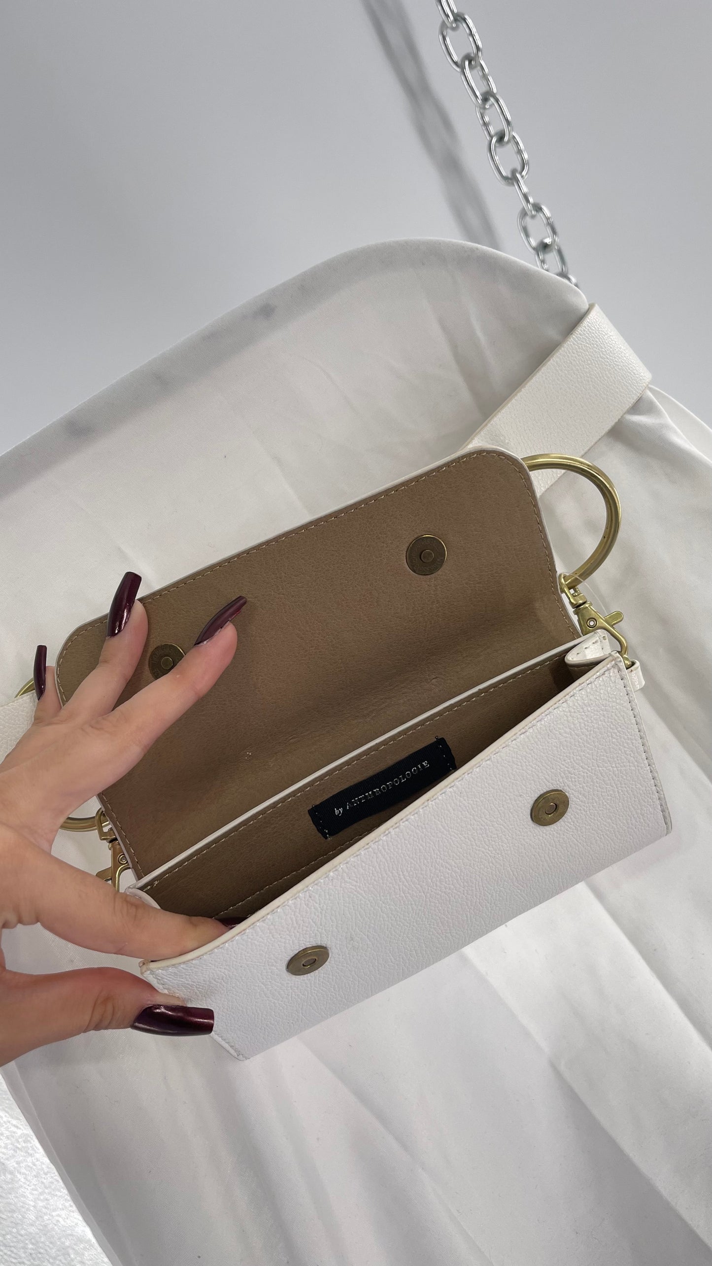 Anthropologie White Belt Bag with Gold Hoops