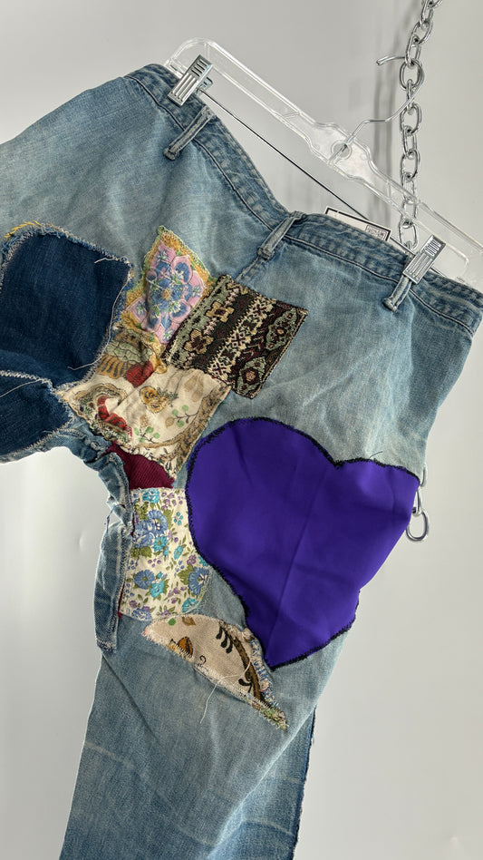 Vintage Rare 1970s Light Wash, Low Rise Boot Cut Jeans with Hand Stitched Tapestry Style Patches and Purple Heart on Bum (Measurements Below)