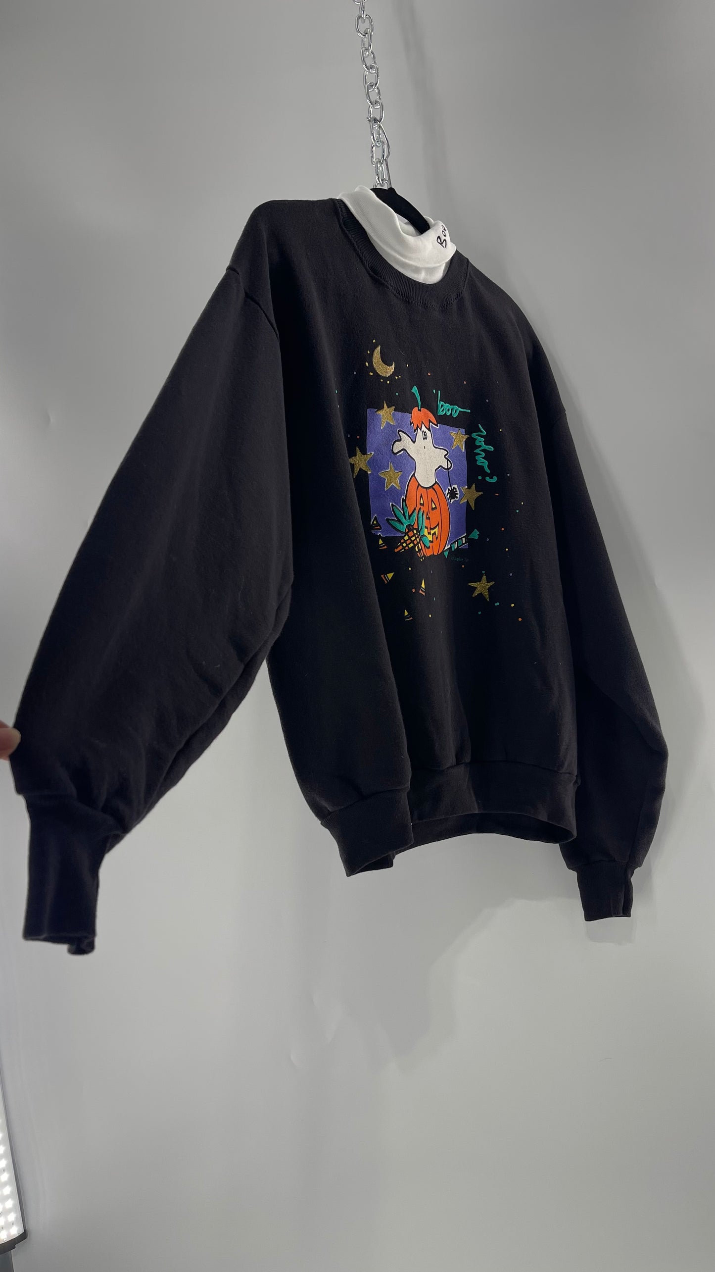 Vintage Black Halloween Graphic Crewneck with White Turtleneck Detail and Boo Embroidery (Large)