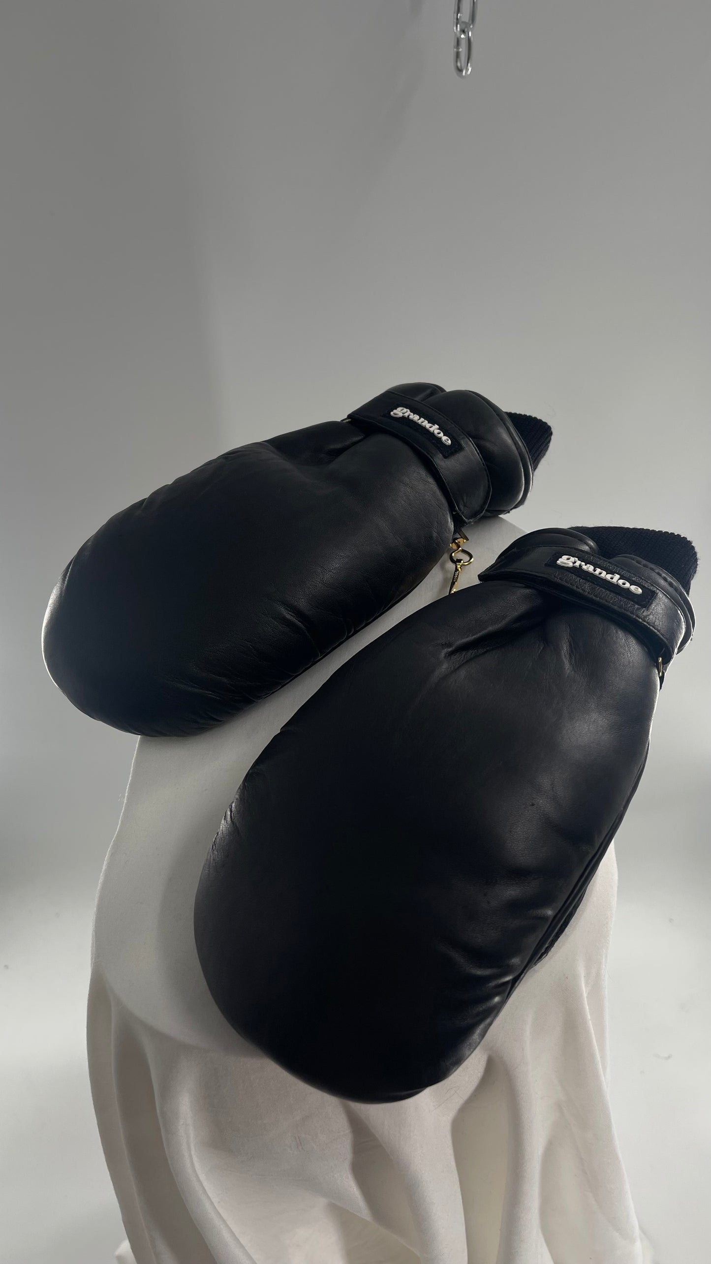 Grandoe Black Leather Mittens with Branding and Gold Logo Link