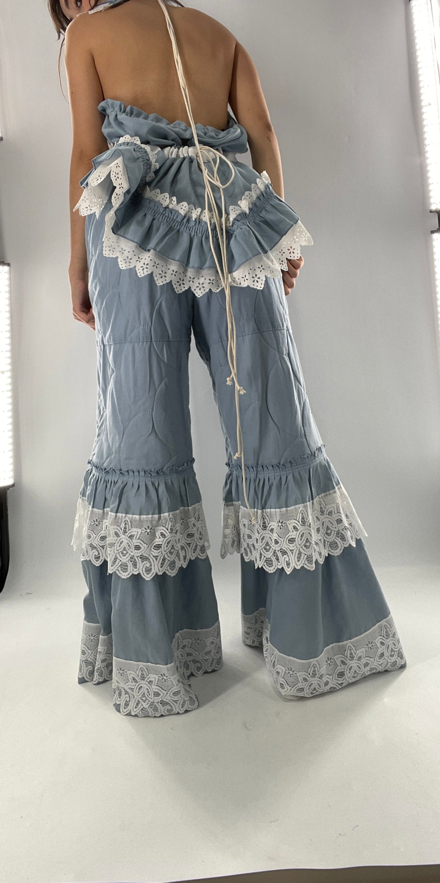 Vintage 2 Piece Powder Blue Set Featuring 2Way Blouse and Quilted Trousers Covered in Ruffles, Lace and Trim (One Size)