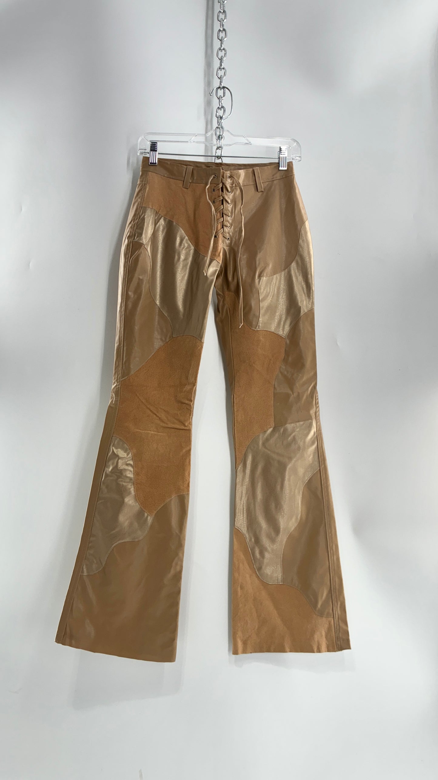 Vintage OUTER EDGE Patchwork Vegan Leather Kickflares with Tie Up Waistline (3)