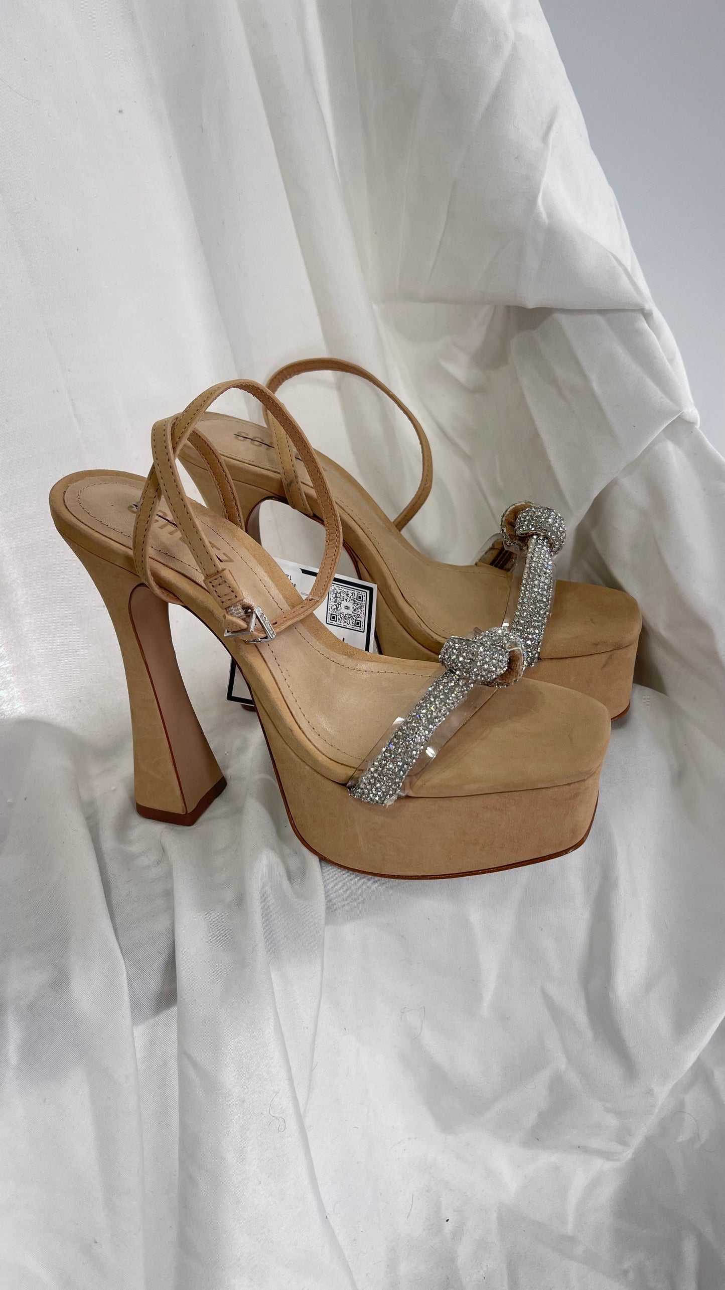 SCHÜTZ Peaky Beige/Tan/Nude Platform Heel with Funky Heel and Clear Knot Rhinestone Toe Strap (6)