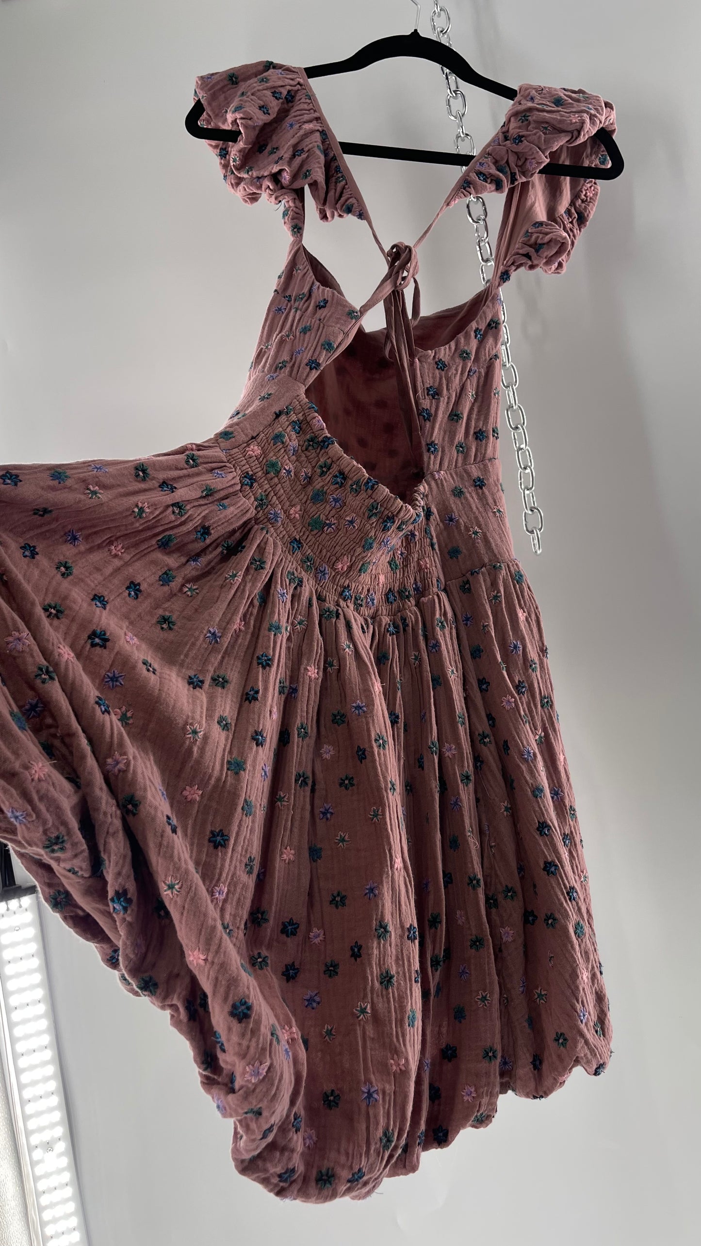 Free People Dusty Pink Embroidered Flowers Backless Mini Dress (Small)