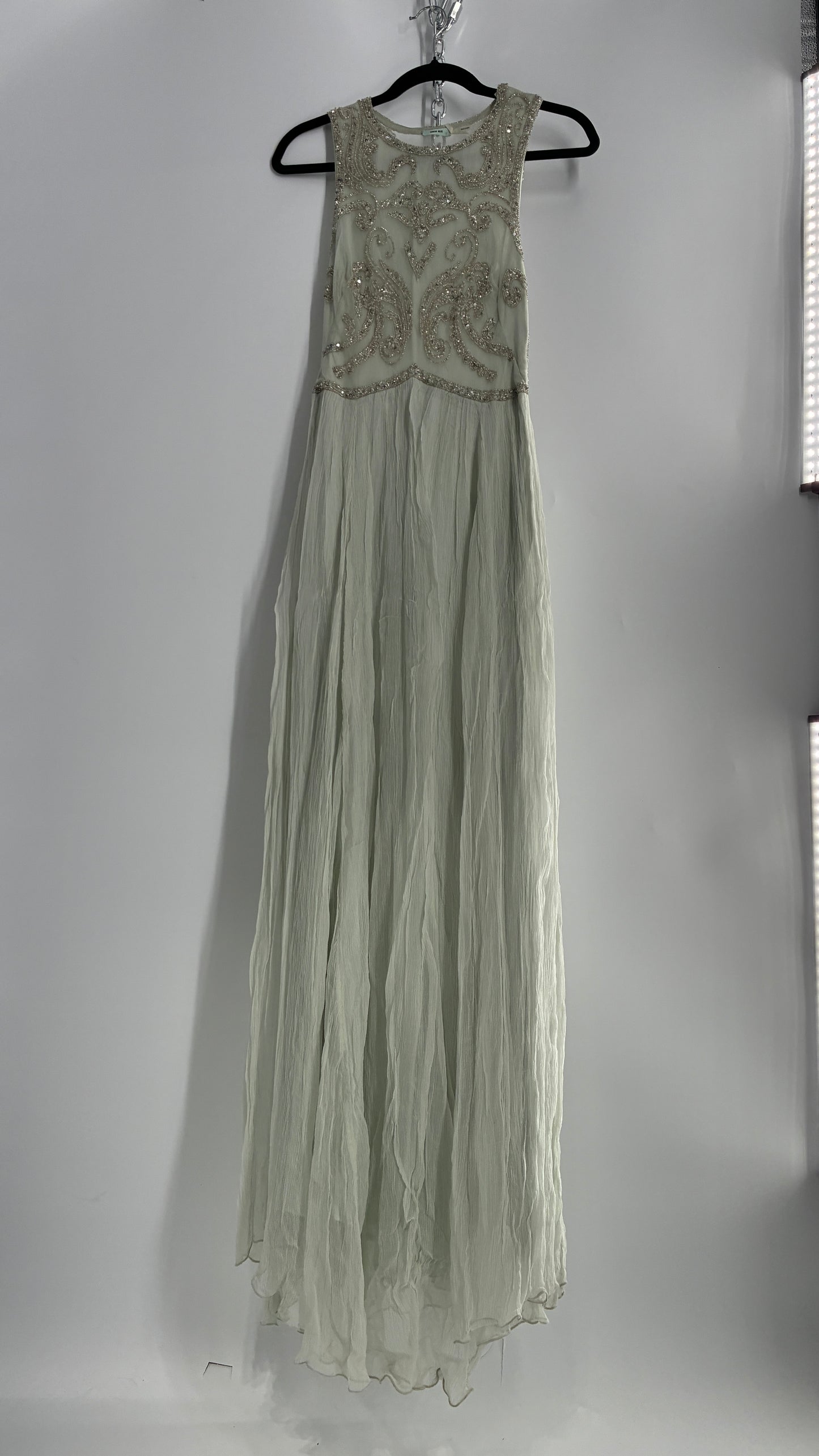 KIMCHI BLUE Light Greyish Seafoam Green Crimped Gown with Beaded Bodice and Sheer Back (2)