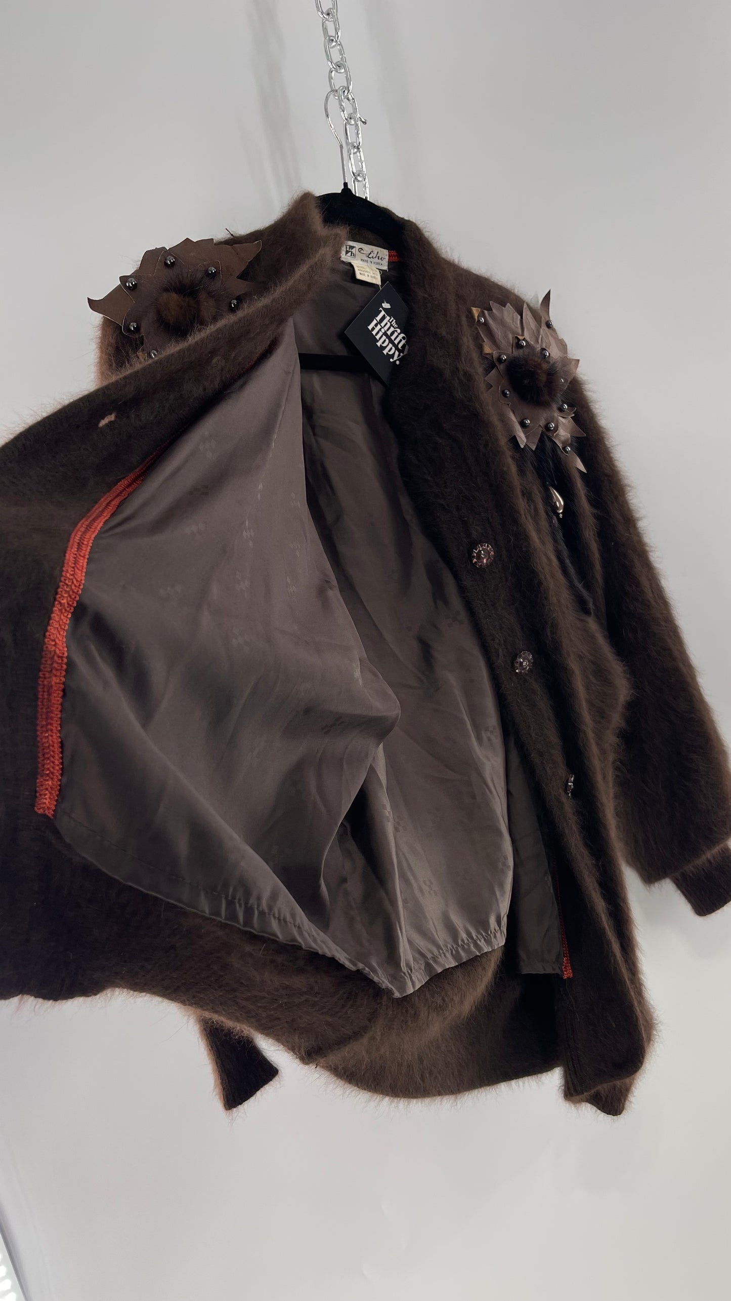 Liho Korean Vintage Brown Cardigan with Leather, Fur and Beaded Detailing 15% Wool 75% Angora  (C)(Medium)