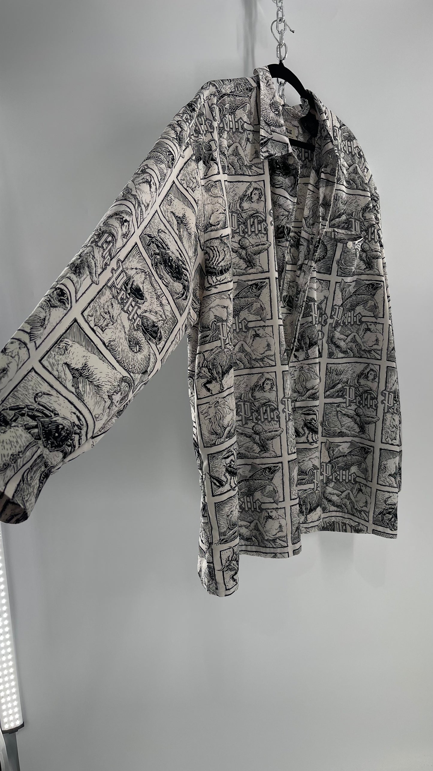 Extremely Rare Vintage PELLE PELLE Zodiac Astrology Comic Strip Graphic Long Sleeve Button Up (3X)