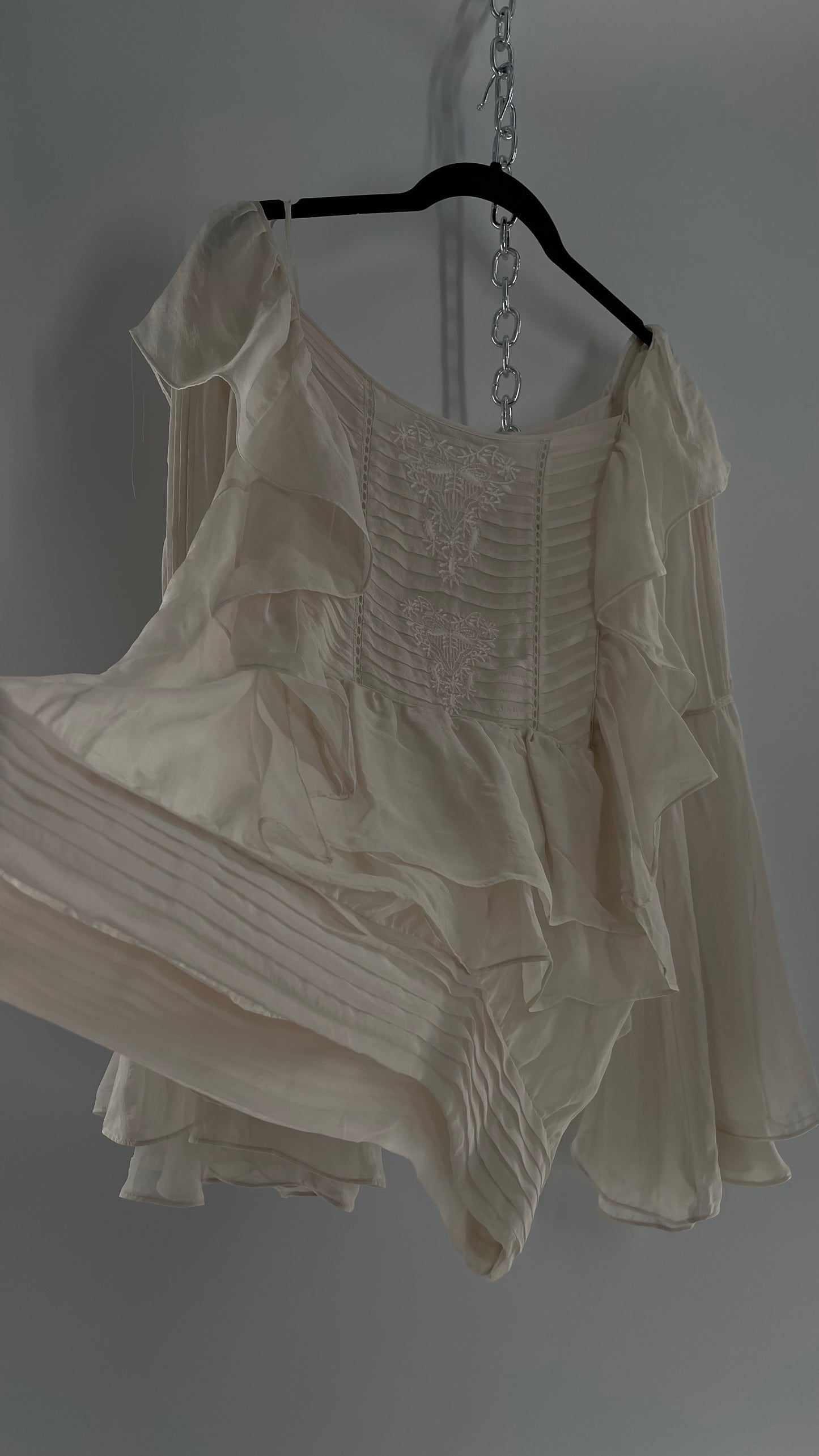 ZARA Ruffled and Embroidered Bell Sleeve Blouse (Large)