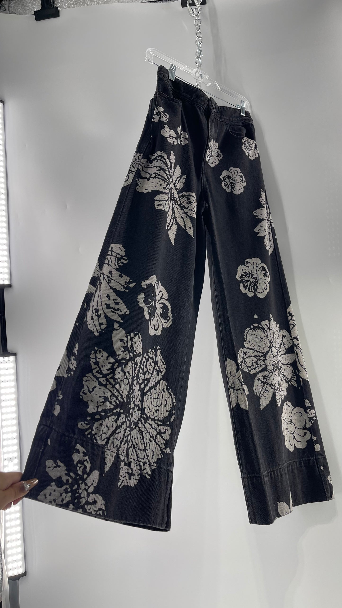 Free People Black Wide Leg Jeans with White Hibiscus Floral Design (29)