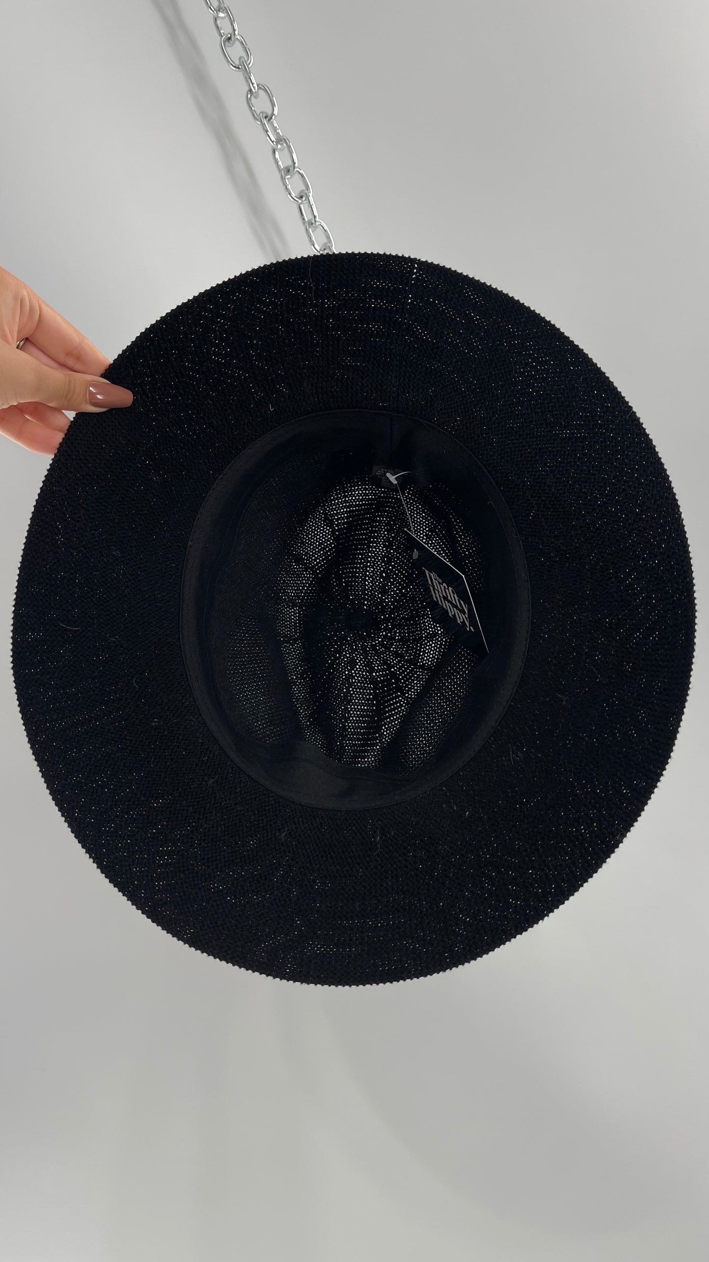 Free People Black 55% Cotton Woven Sun Hat with Textured Fur Belt